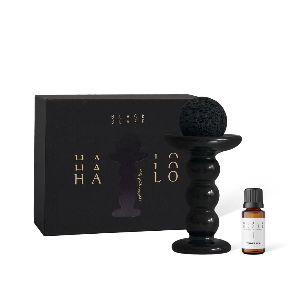 Premium BLACK BLAZE Halo Lava Rock Diffuser Set - Vetiver & Fig Essential Oil Diffuser for Home Aromatherapy | Perfect for Bedroom, Office & Yoga Studio Relaxation