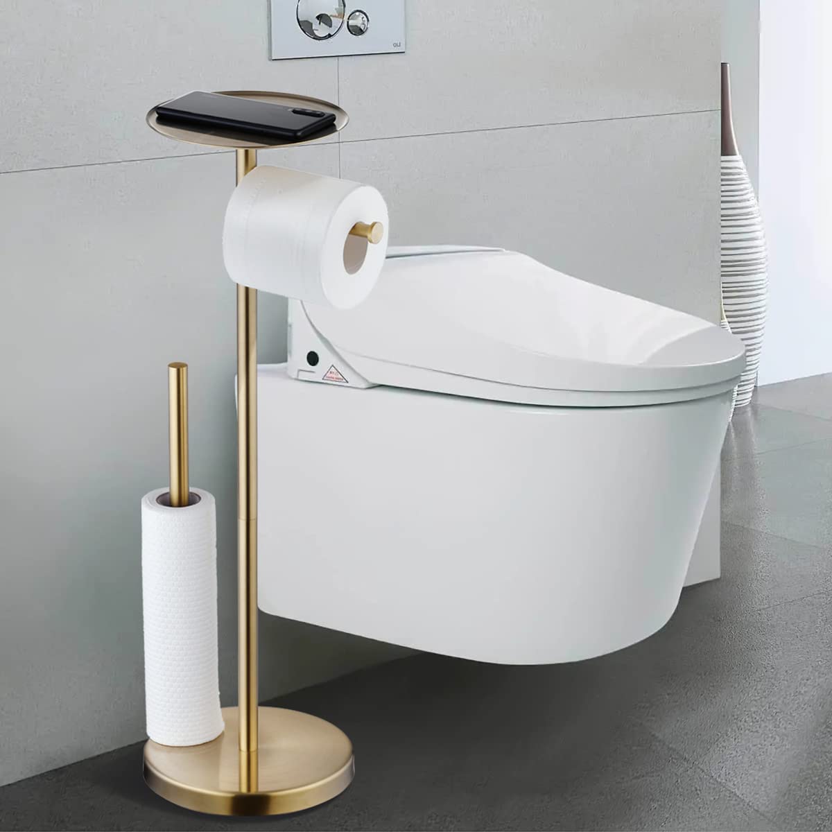 Gold Toilet Paper Holder Stand with Phone Shelf - Free Standing Tissue Roll Dispenser in 304 Stainless Steel for Bathroom, Kitchen, RV & Office Use