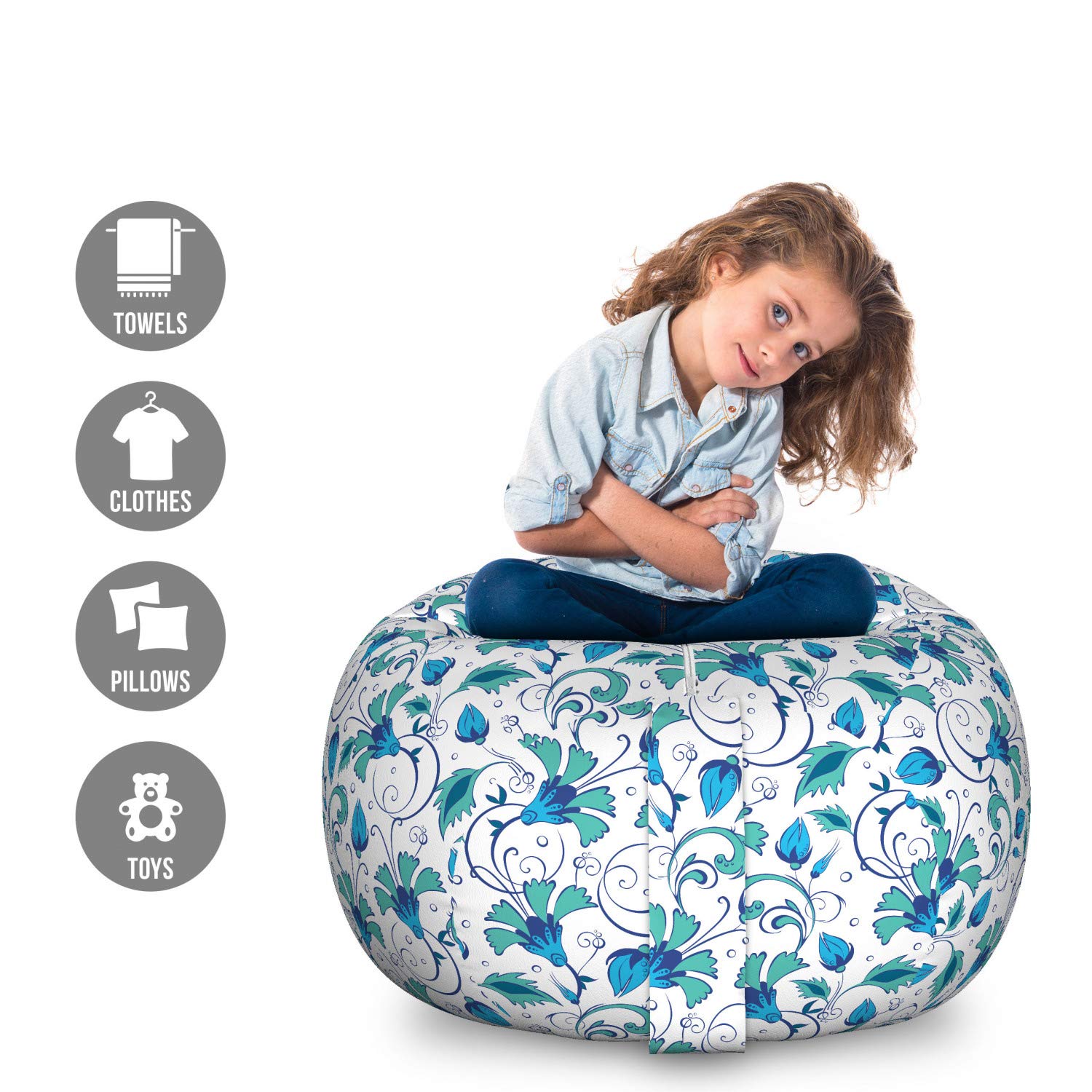 Ambesonne Floral Toy Storage Bag Chair - Large Washable Stuffed Animal Organizer with Oriental Tulip & Leaf Pattern in Turquoise & Sky Blue - Perfect for Kids' Room, Nursery, or Playroom Organization