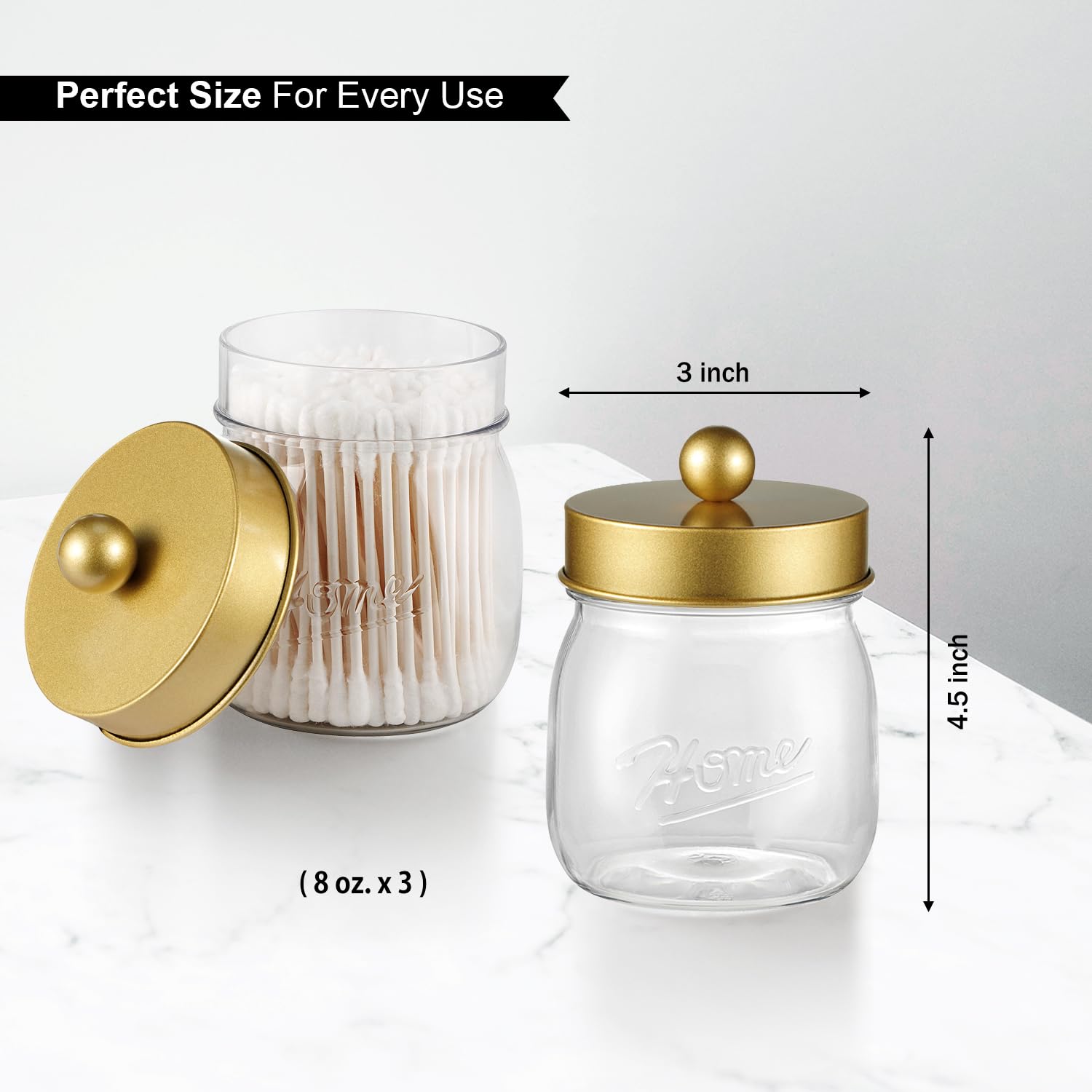 SheeChung 3-Pack Glass Apothecary Jars with Lids - Rustic Cotton Swab & Floss Pick Organizer for Bathroom Vanity, Farmhouse Decor - Gold Mason Jar Set for Home Storage & Organization (Perfect for Countertop Display & Bathroom Essentials)