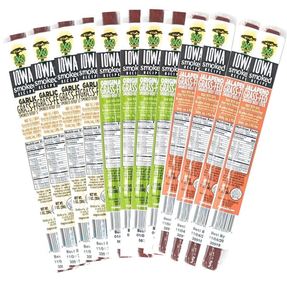 Iowa Smoked Recipe Beef Sticks Variety Pack - 100% Grass Fed, No Sugar, Non-GMO, Nitrate-Free, Gluten-Free, Soy-Free, MSG-Free, Dairy-Free, Nut-Free - Paleo, Whole30 & Keto Friendly Snacks (24 Original, 24 Garlic, 24 Jalapeño) - Perfect for On-the-Go, Hiking, Travel & Office Snacking