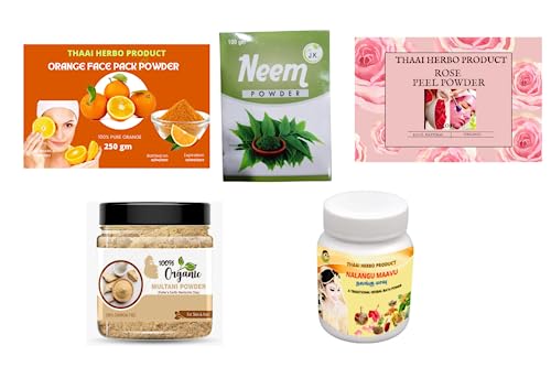 Sunlaxi Store 5-in-1 Ayurvedic Face Mask Powder - Multani Mitti, Chandan, Orange Peel, Neem & Rose (400g) | Deep Cleansing, Oil Control & Glowing Skin | Perfect for Spa Day & DIY Skincare