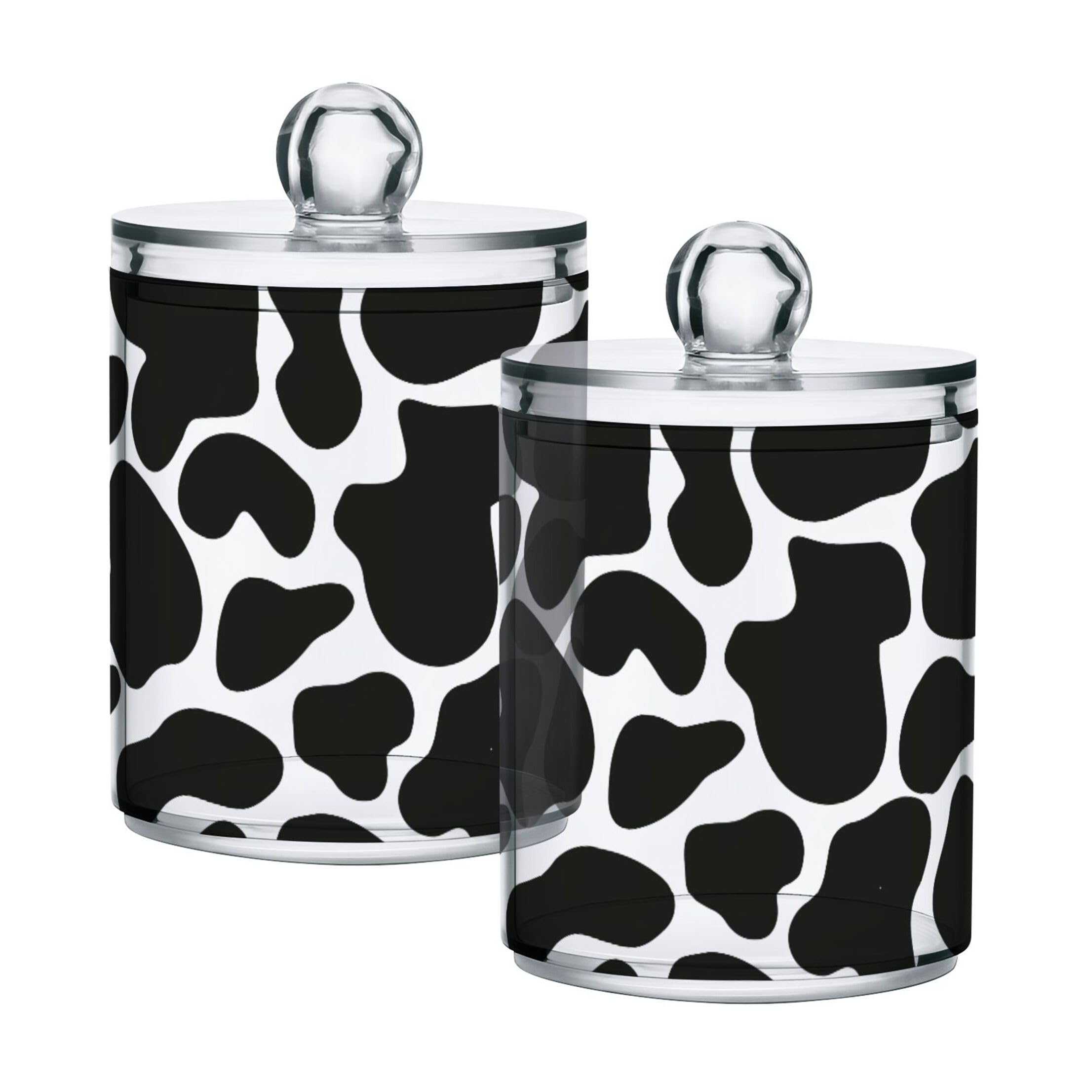 2 Pack Plastic Q-Tips Holder with Cow Print - Bathroom Organizer Canisters for Cotton Balls, Swabs, Pads & Dental Floss - Plastic Apothecary Jars for Vanity Countertop - Perfect for Farmhouse & Boho Style Bathroom Decor