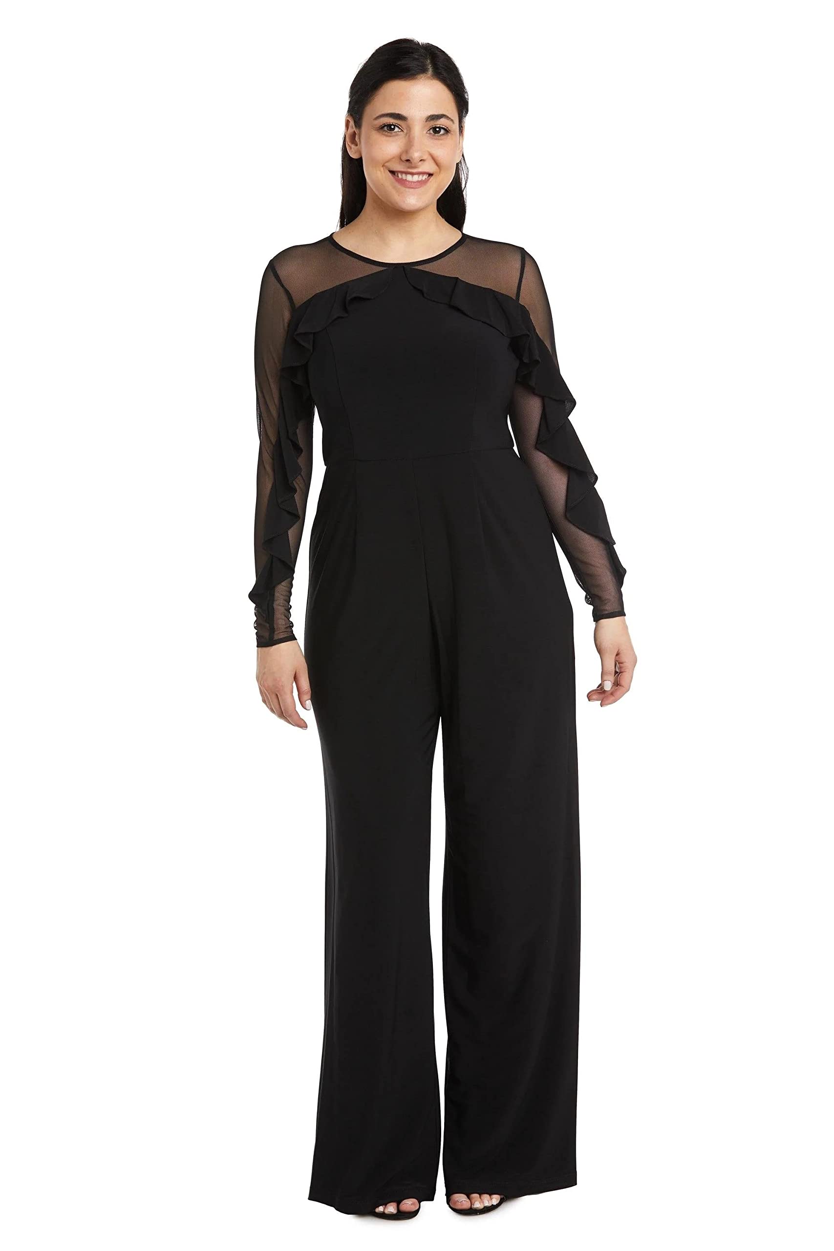 R&M Richards Women's Elegant Ruffled Illusion Sleeve Formal Jumpsuit for Evening Gala, Wedding Guest & Special Occasions