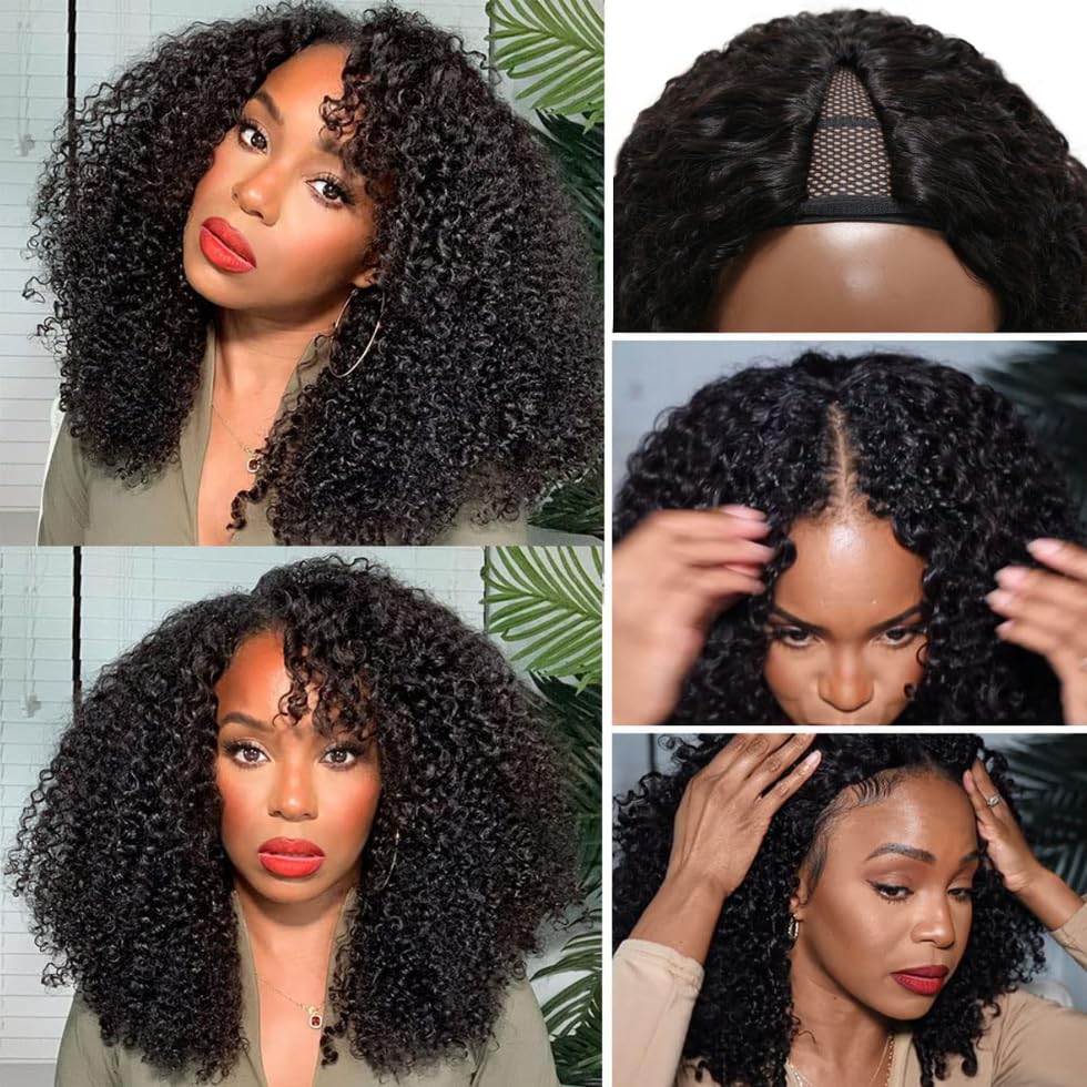 UNICE Glueless Kinky Curly V-Part Human Hair Wig - No Leave Out Upgrade U-Part Wig with Clips (150% Density, 22 Inch, Natural Black) | Afro Kinky Curly V-Shape Wig for Daily Wear, Parties & Special Occasions