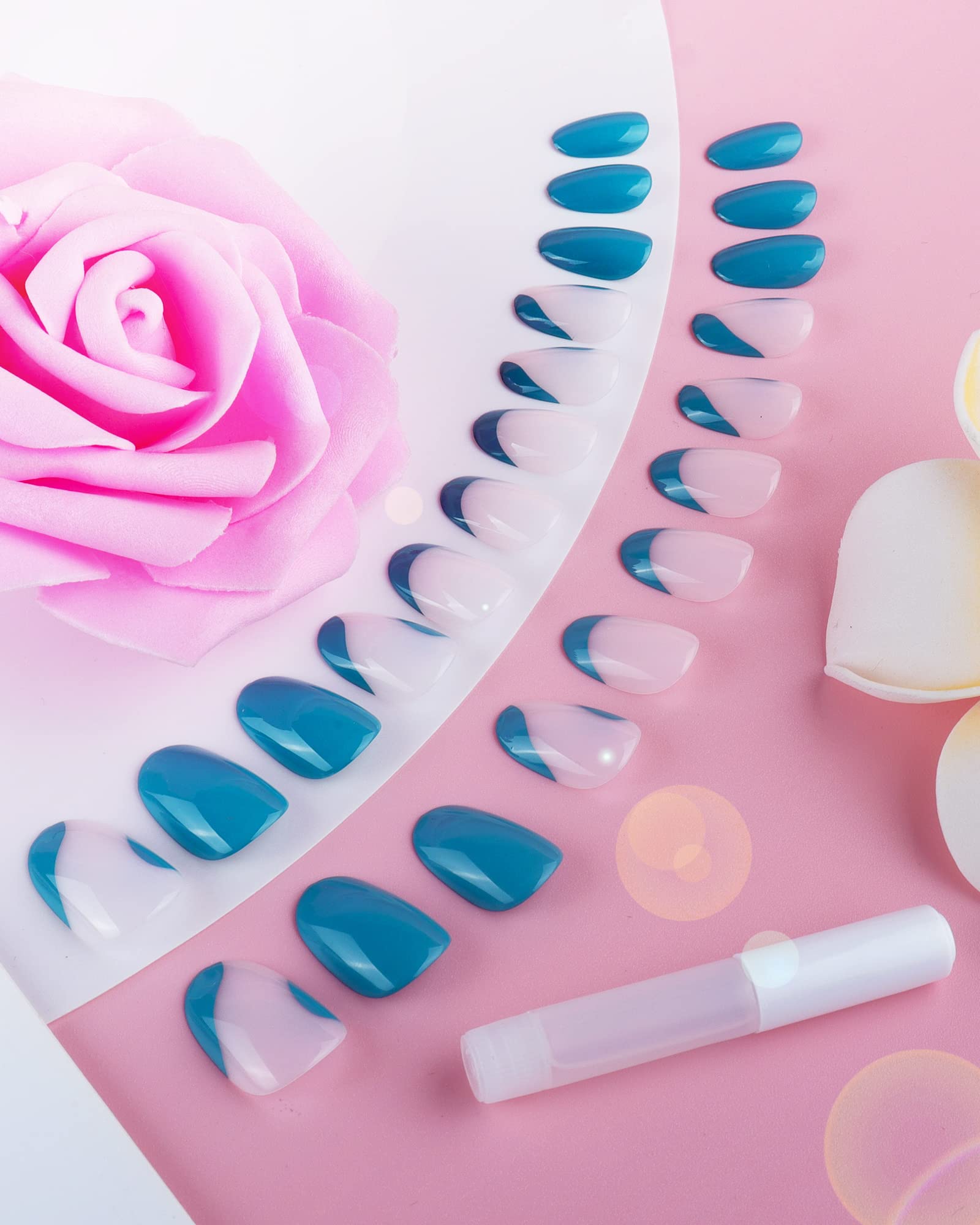 JUSTOTRY 24 Pcs Short Press on Nails - Glossy Almond Fake Nails with Elegant French Steelblue Design, Full Cover Acrylic False Nails Kit with Nail Glue for Women | Perfect for Parties, Weddings, and Everyday Nail Art