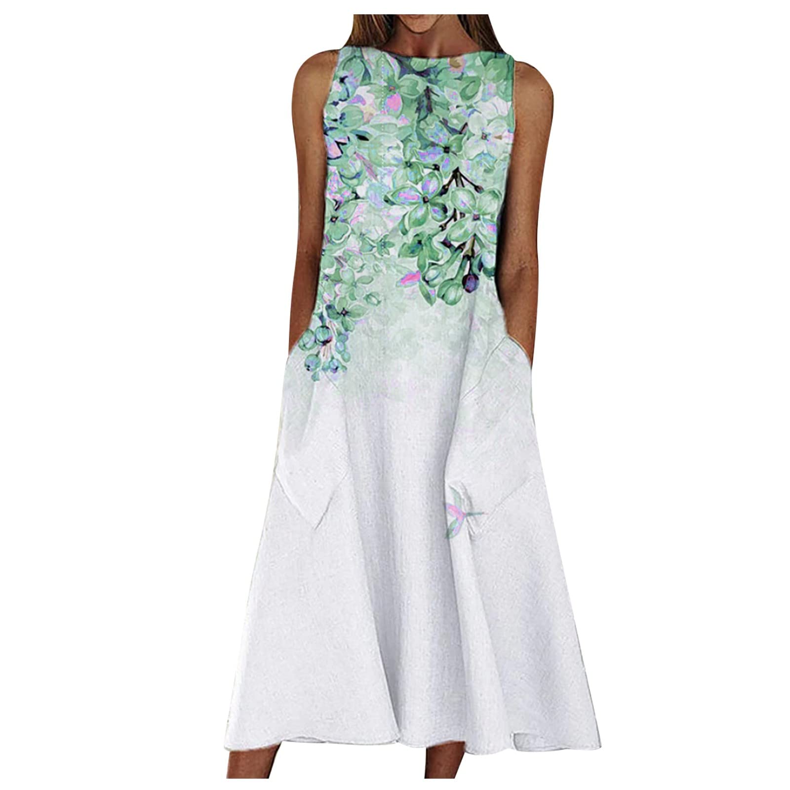 Women's Summer Casual Cocktail Dress - Floral Printed Round Neck Sleeveless Pullover Loose Fit Sexy Party Dress | Perfect for Beach Vacations, Date Nights & Evening Events