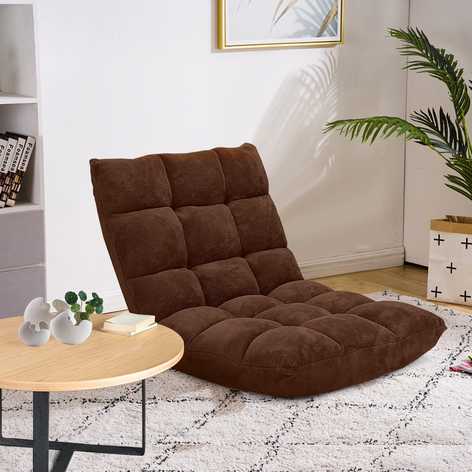 COSTWAY Adjustable Floor Chair with Back Support - Alloy Steel Frame & Soft Coral Fleece - Gaming, Reading & Lounge Chair for Adults & Kids - Perfect for Living Room, Bedroom & Home Theater - Brown