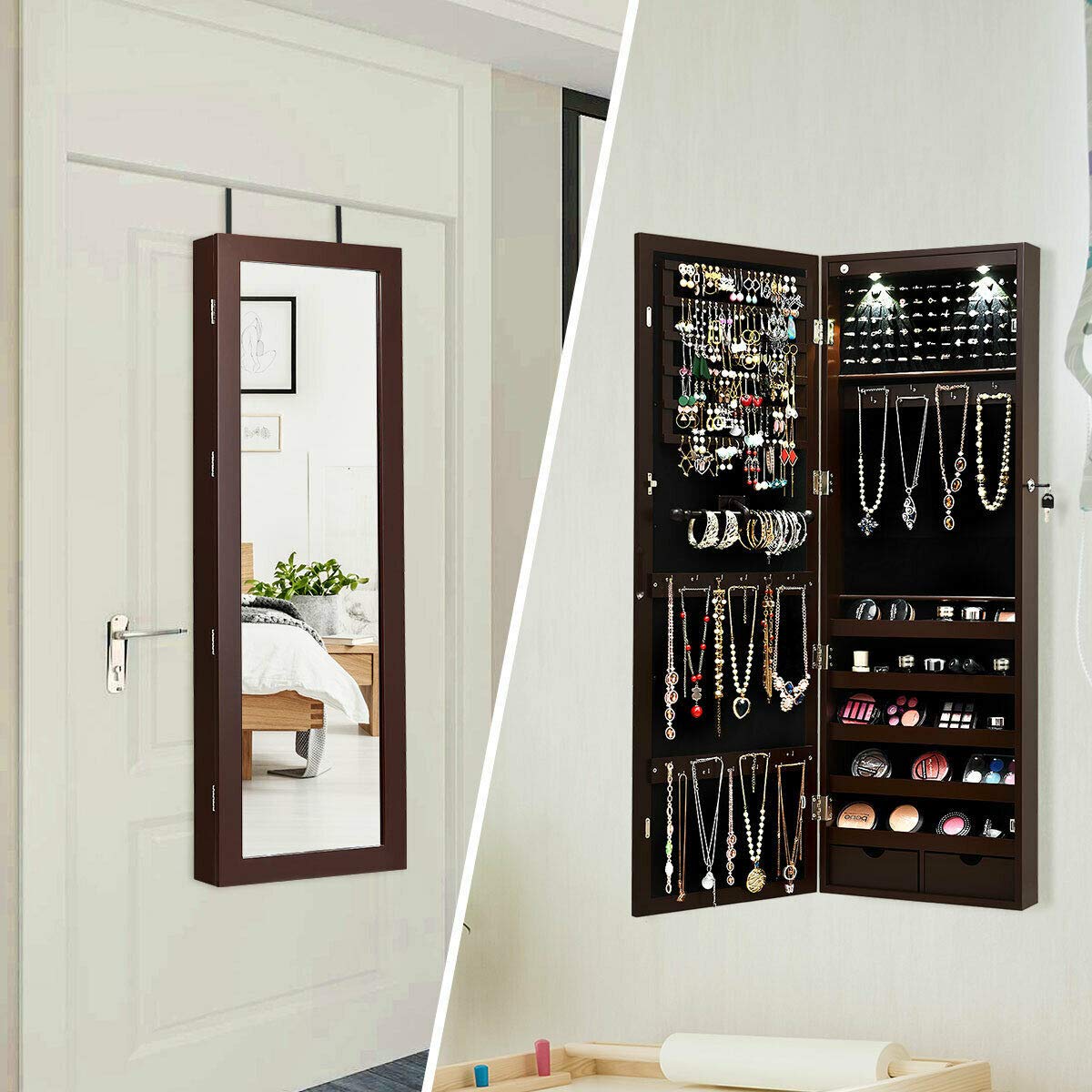 GOFLAME Full Length Mirror Jewelry Cabinet - Wall Mounted Jewelry Armoire with LED Lights, Lockable Drawers & Large Storage Capacity - Over the Door Mirror Organizer for Bedroom, Closet & Dressing Room (Brown)