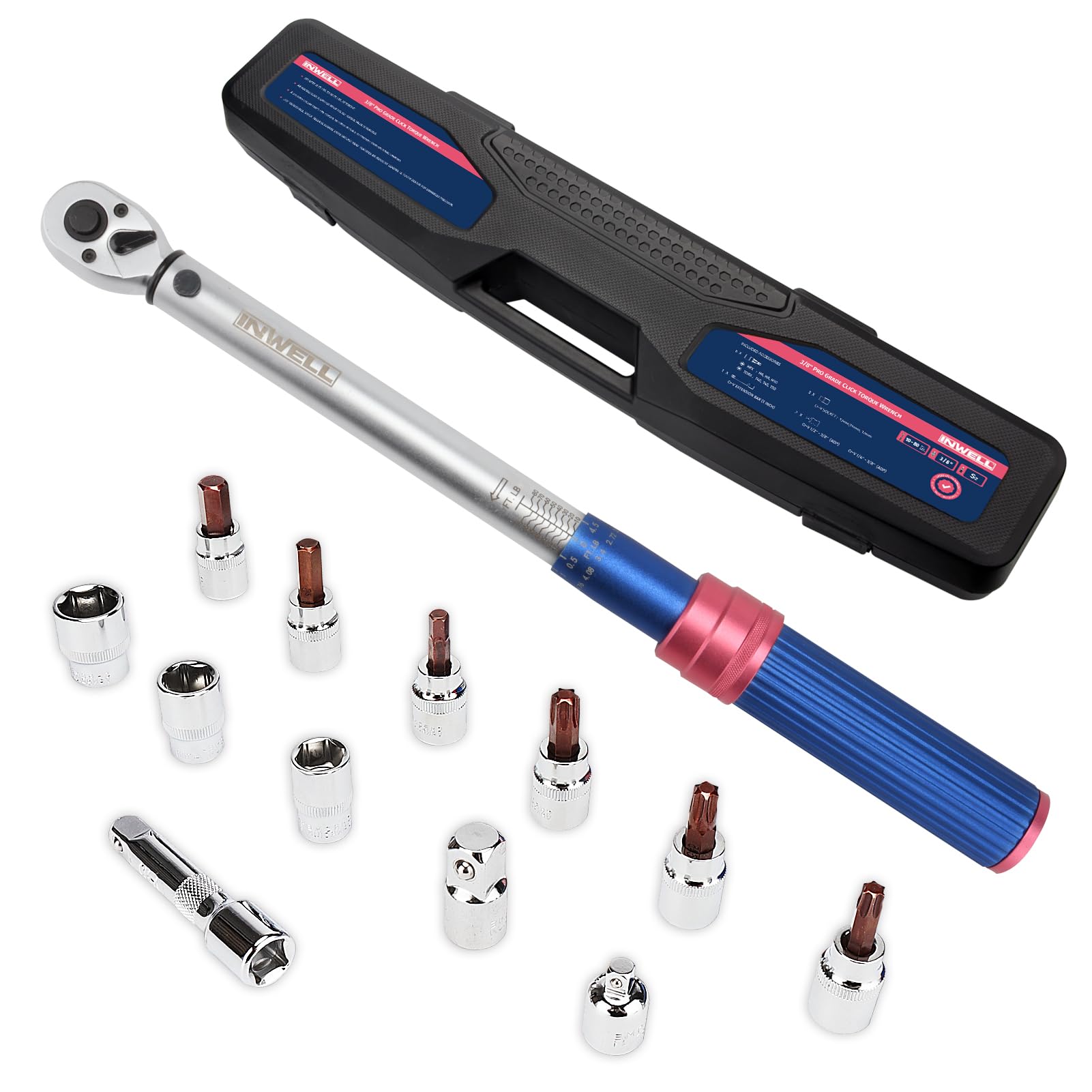 3/8 Inch Drive Click Torque Wrench Set - 13 Piece Dual-Direction Adjustable Torque Wrench (10-80 Ft-Lb / 13.6-108.5 Nm) with 72-Tooth Gear - Perfect for Bicycle, Motorcycle, Car & DIY Automotive Maintenance