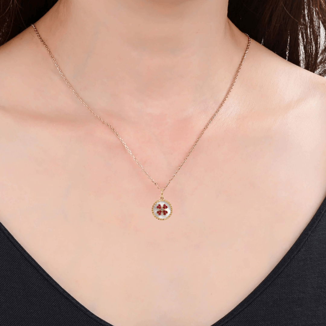 Elegant Mother of Pearl Ruby Clover Pendant Necklace for Women - Perfect for Valentine's Day Gifts, Anniversary Presents & Everyday Wear