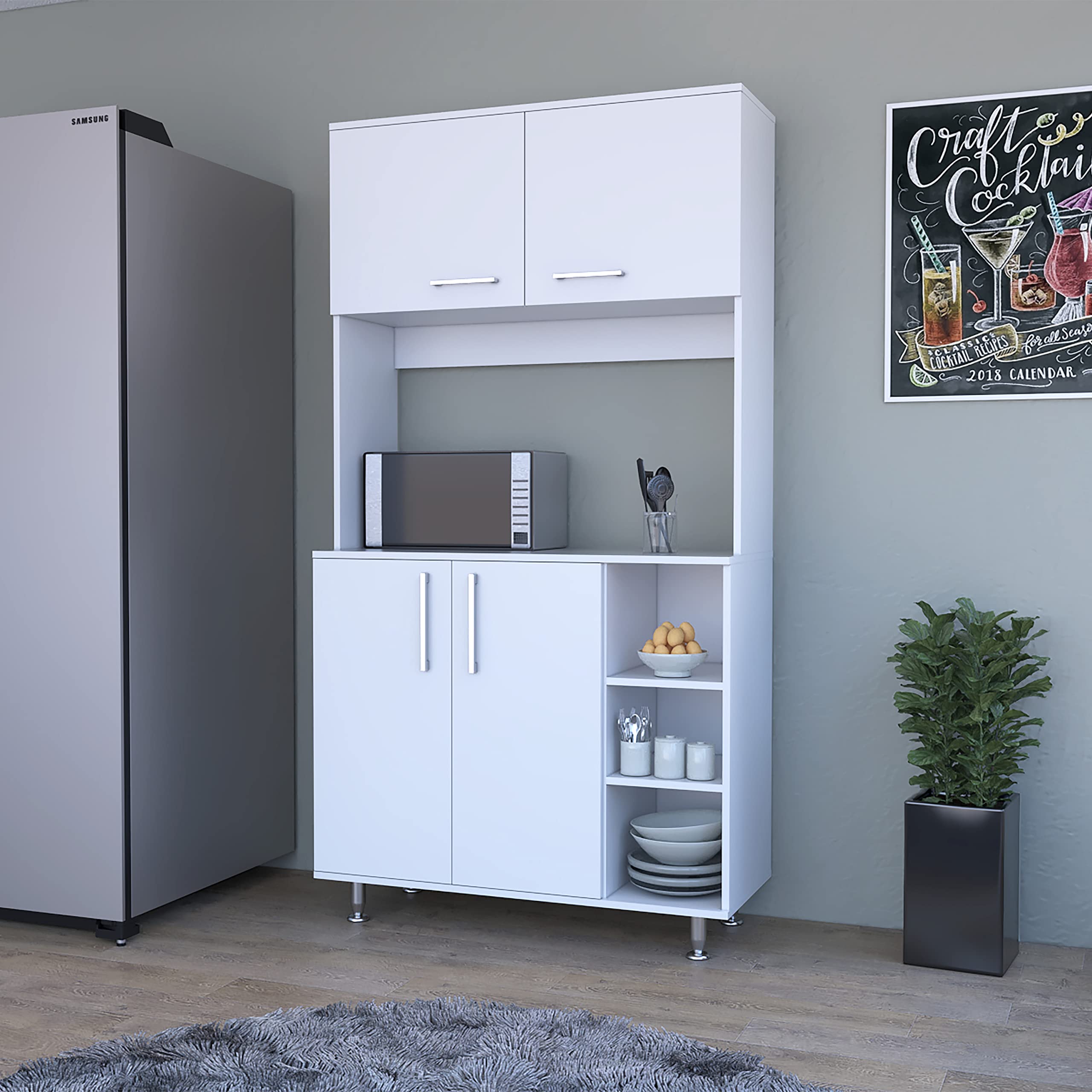 White Colorado Pantry Cabinet with 3 Open Shelves & 1 Storage Cabinet - Kitchen Organization Solution for Spices, Cookbooks & Small Appliances