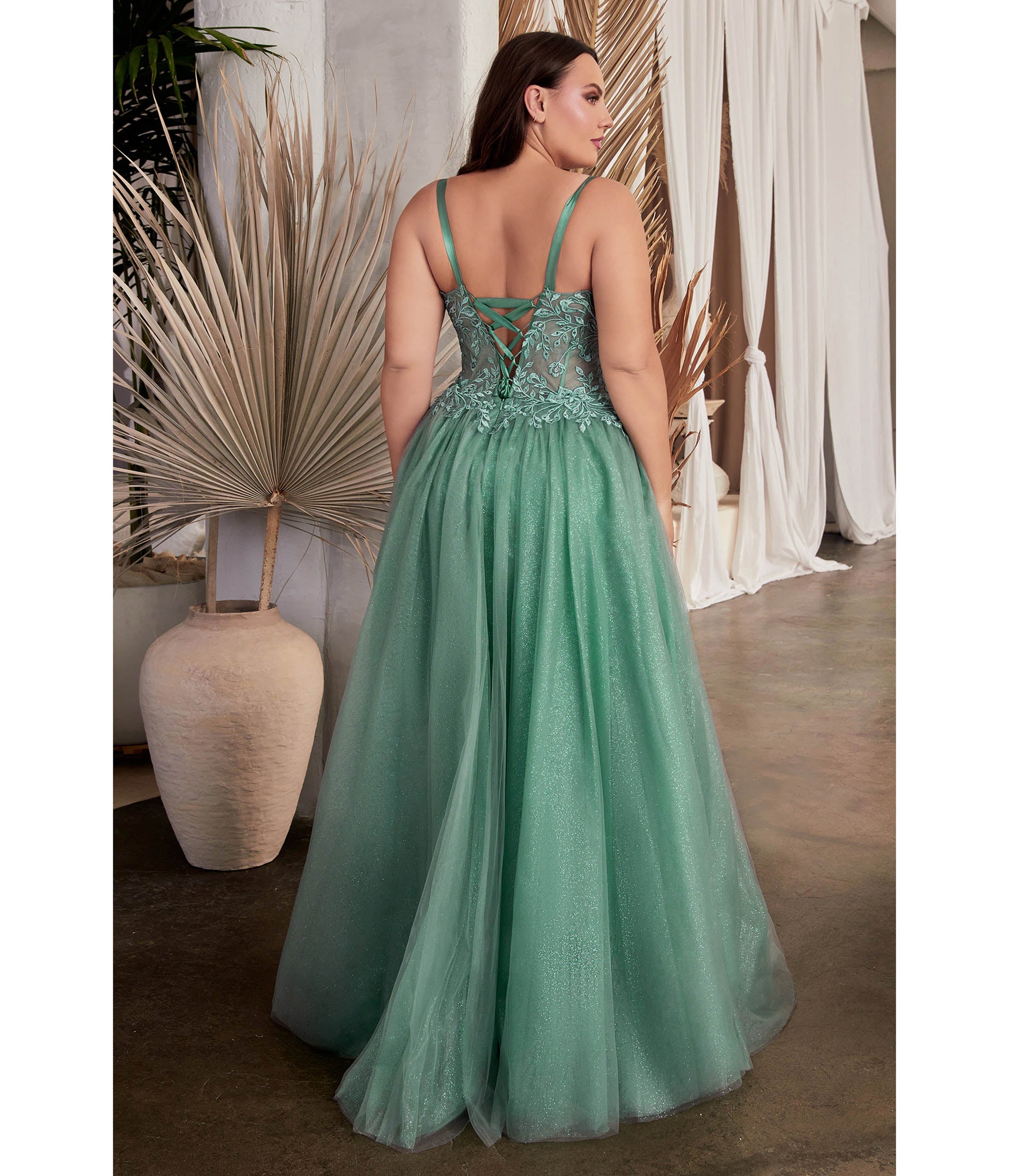 **Ladivine by Cinderella Divine Plus Size Dusty Teal Corset Gown with Foliage Applique & Tulle Skirt – Perfect for Weddings, Prom, and Formal Events**