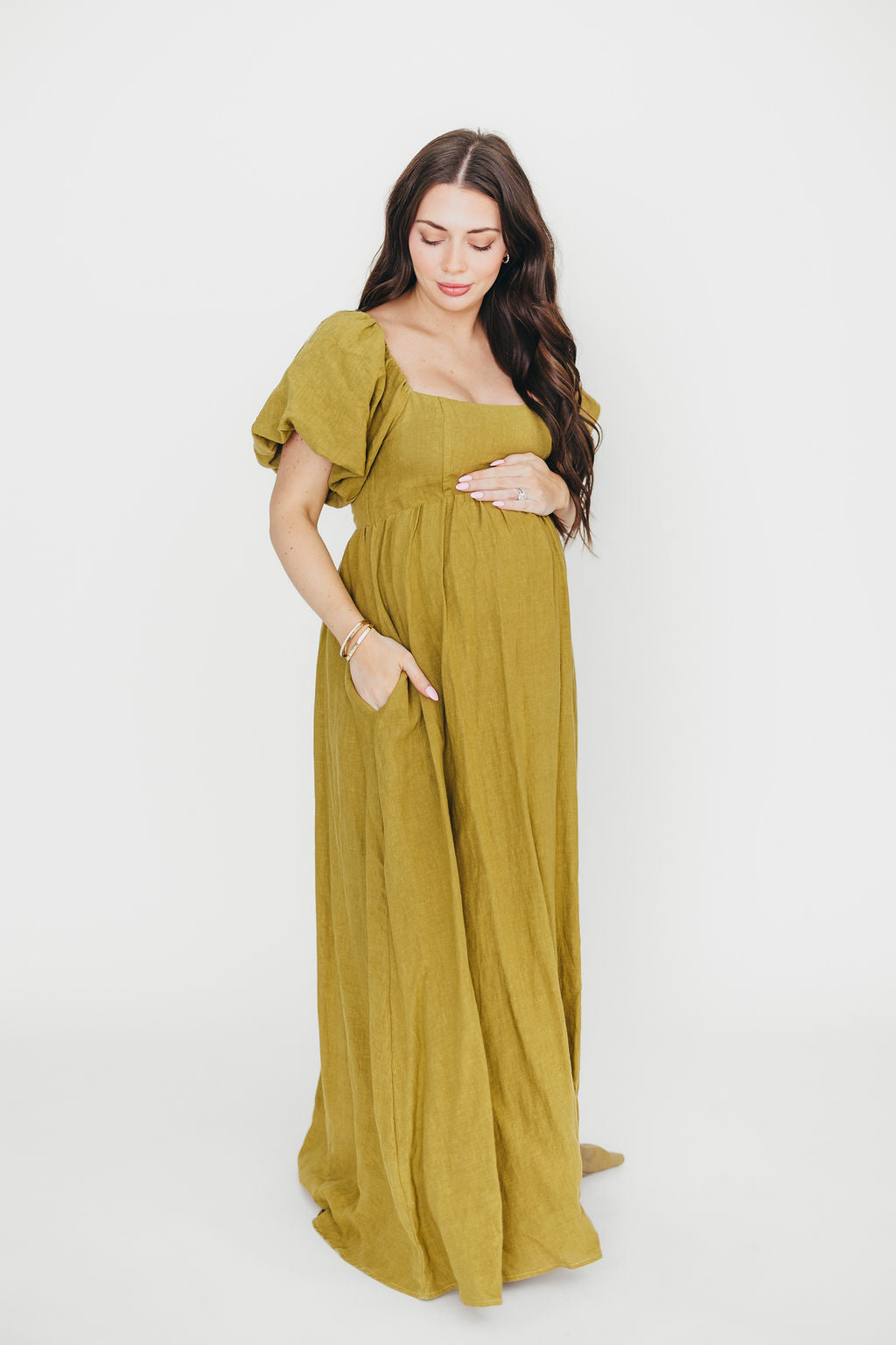 Candace Maxi Dress in Olive - 100% Linen Bump Friendly Maternity Dress for Women - Perfect for Summer, Beach, and Casual Outings