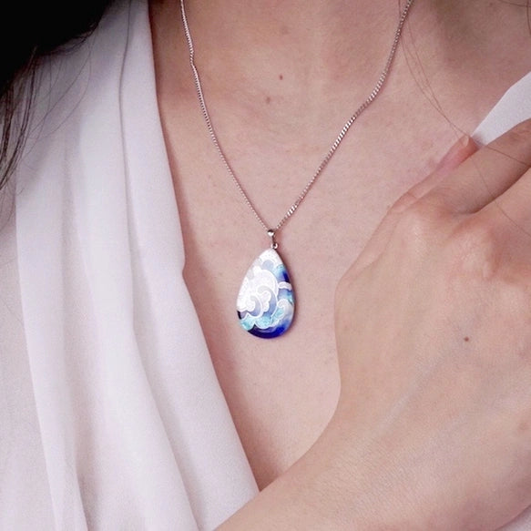 Yusen Shippo Wave Pendant Necklace - Handcrafted Japanese Enamel Jewelry for Women, Elegant Gift for Birthday, Anniversary & Special Occasions