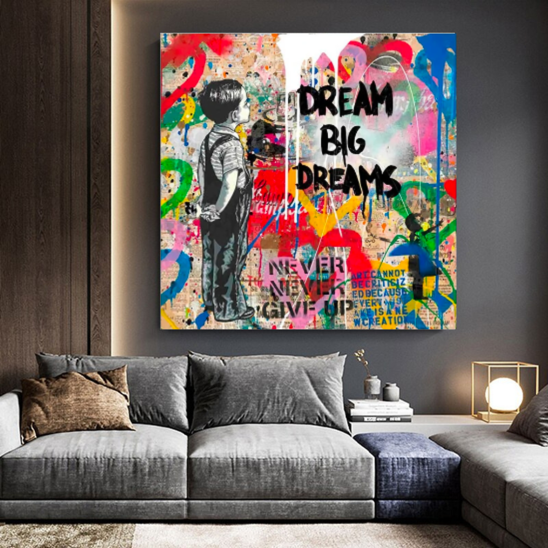 Banksy Dream Big Dreams Wall Art - Unique Canvas Print for Home & Office Decor | Inspirational Urban Street Art for Living Room, Bedroom & Workspace
