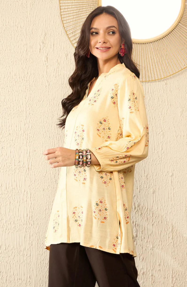 Stylish Yellow Cotton Blend Floral Printed Tunic Top for Women - Casual Summer Outfit, Beachwear & Boho Fashion