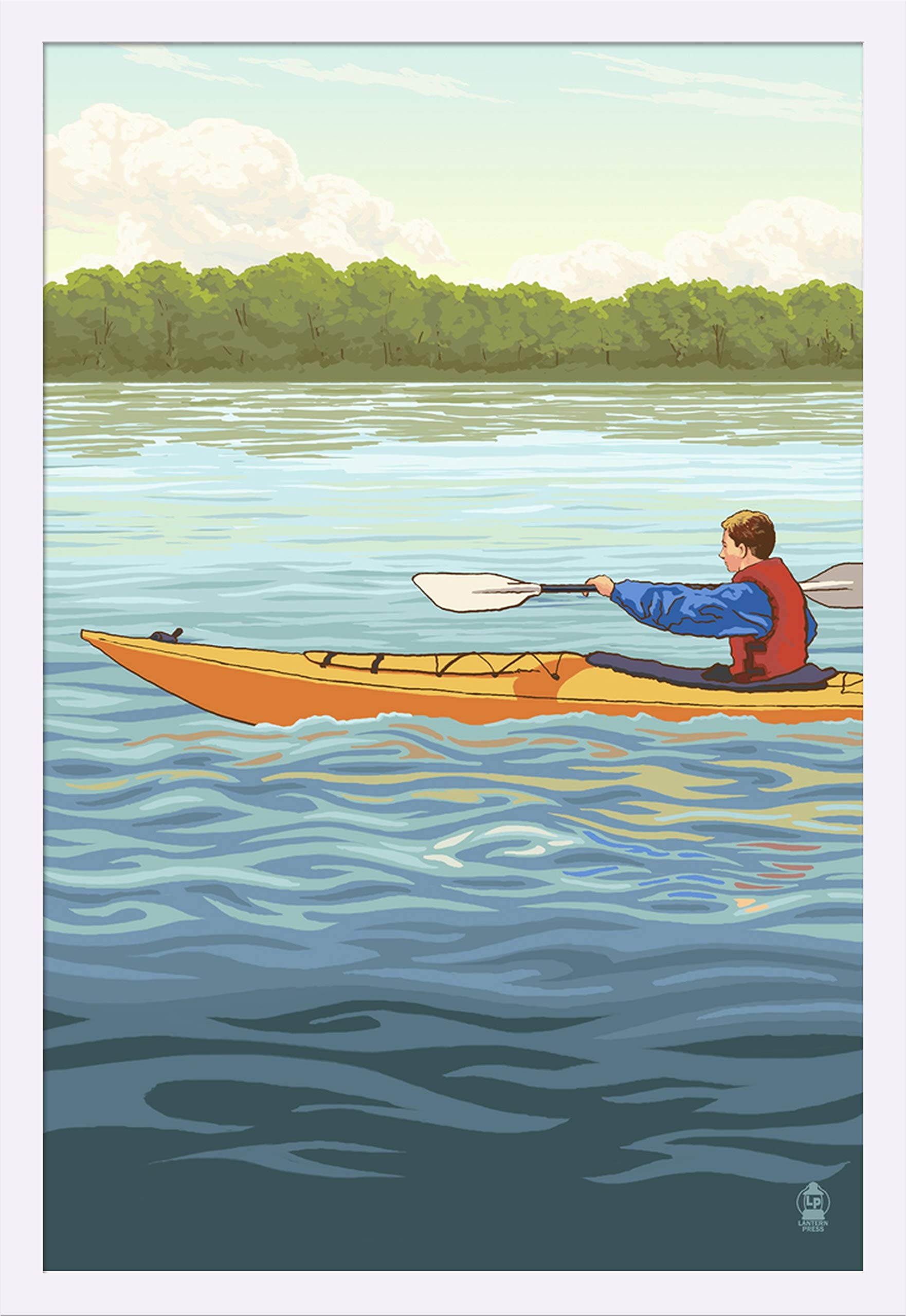 Men's Kayak Adventure Giclee Art Print - 24x36 Gallery Framed in White Wood - Perfect for Home Office, Living Room & Cabin Decor