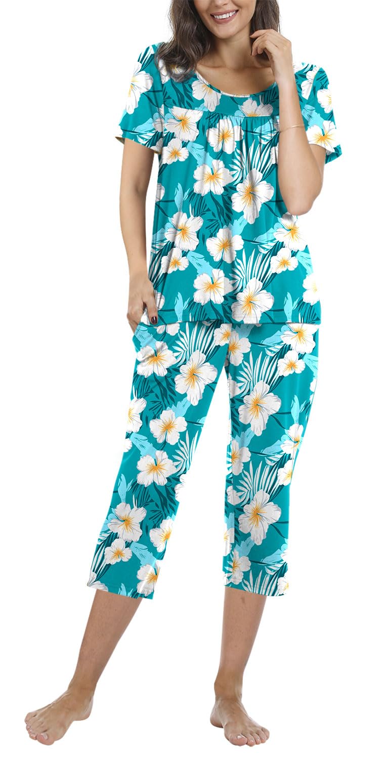 POPYOUNG Women's Summer Pajama Sets - 2 Piece Loungewear with Capri Pants & Pockets | Soft Sleepwear for Nighttime & Relaxation | Perfect for Home, Vacation & Sleepovers