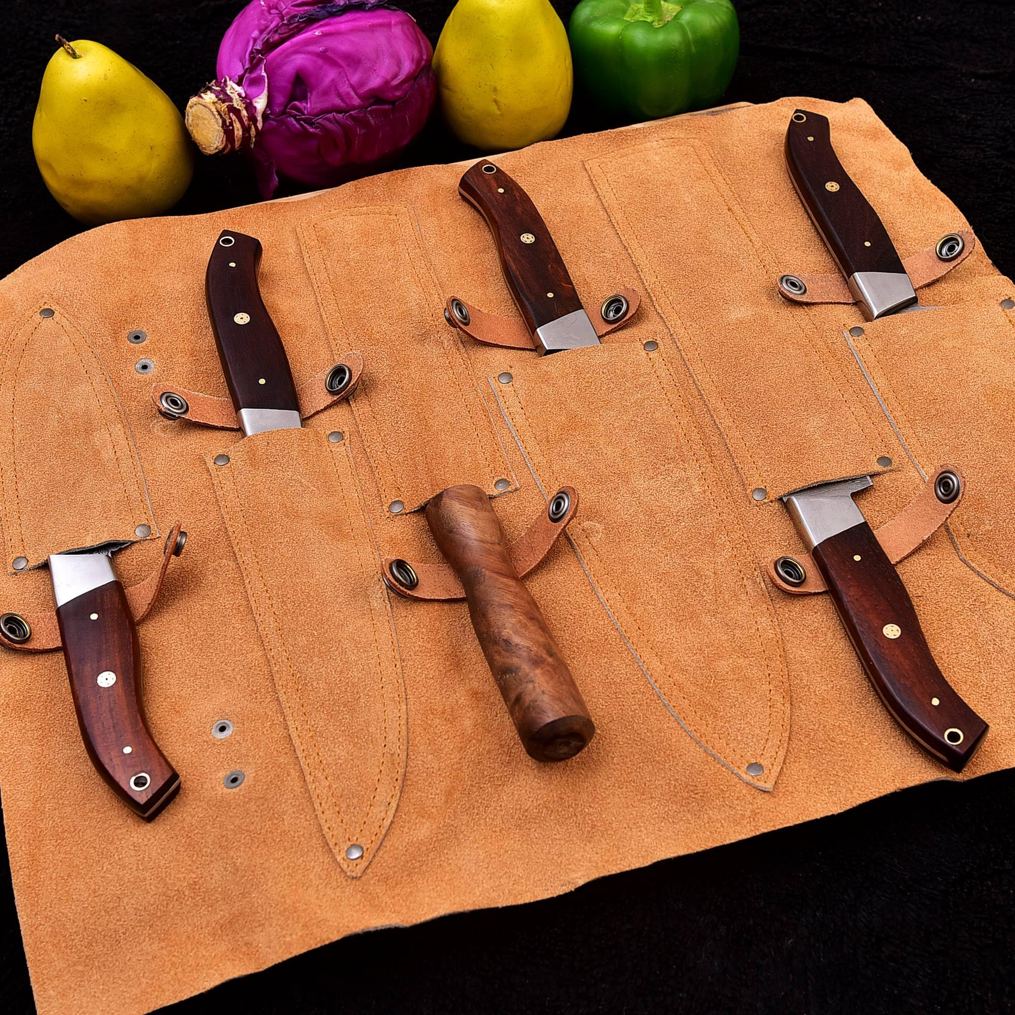 Premium Damascus Steel 6-Piece Professional Kitchen Knife Set with Leather Roll - Handcrafted Utility Knives for Chefs & Home Cooking (Brown) - Perfect for Slicing, Dicing & Food Prep