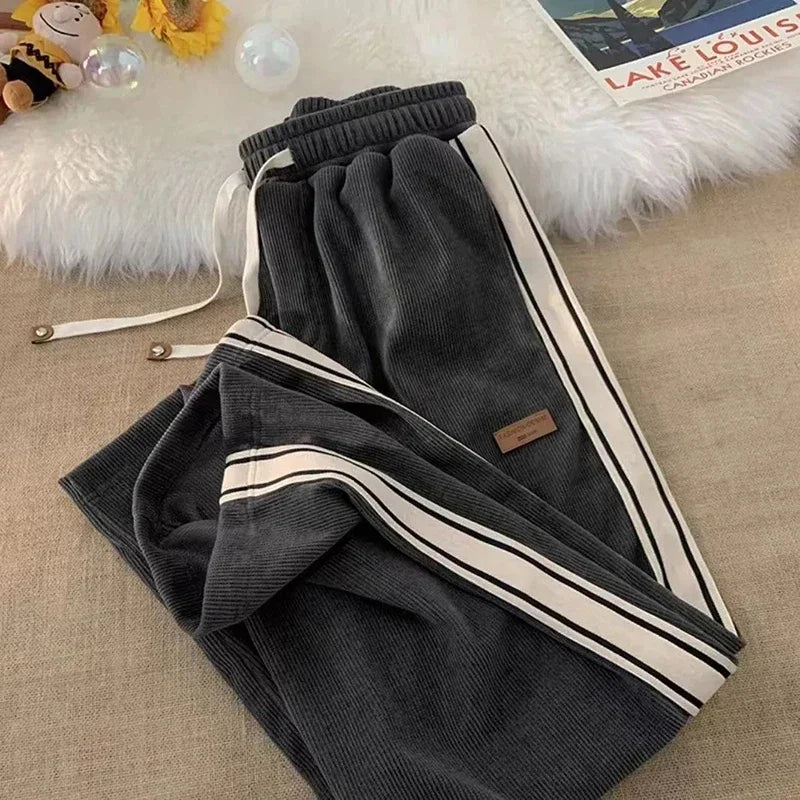 Women's Corduroy Striped Sweatpants - Y2K Harajuku Streetwear Wide Leg Joggers | High Waist Baggy Pants for Casual Wear, Korean Fashion & Loungewear