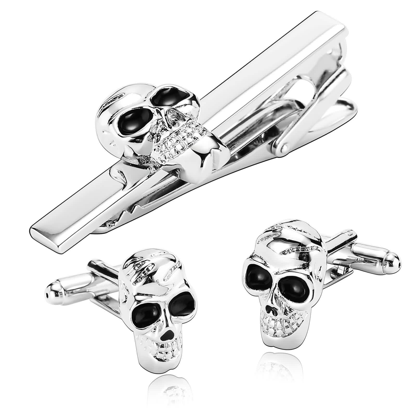 Stylish Silver & Black Stainless Steel Skull Cufflinks Set for Men - Unique Wedding, Formal & Business Jewelry Gift - Perfect for Tuxedos, Suits & Dress Shirts