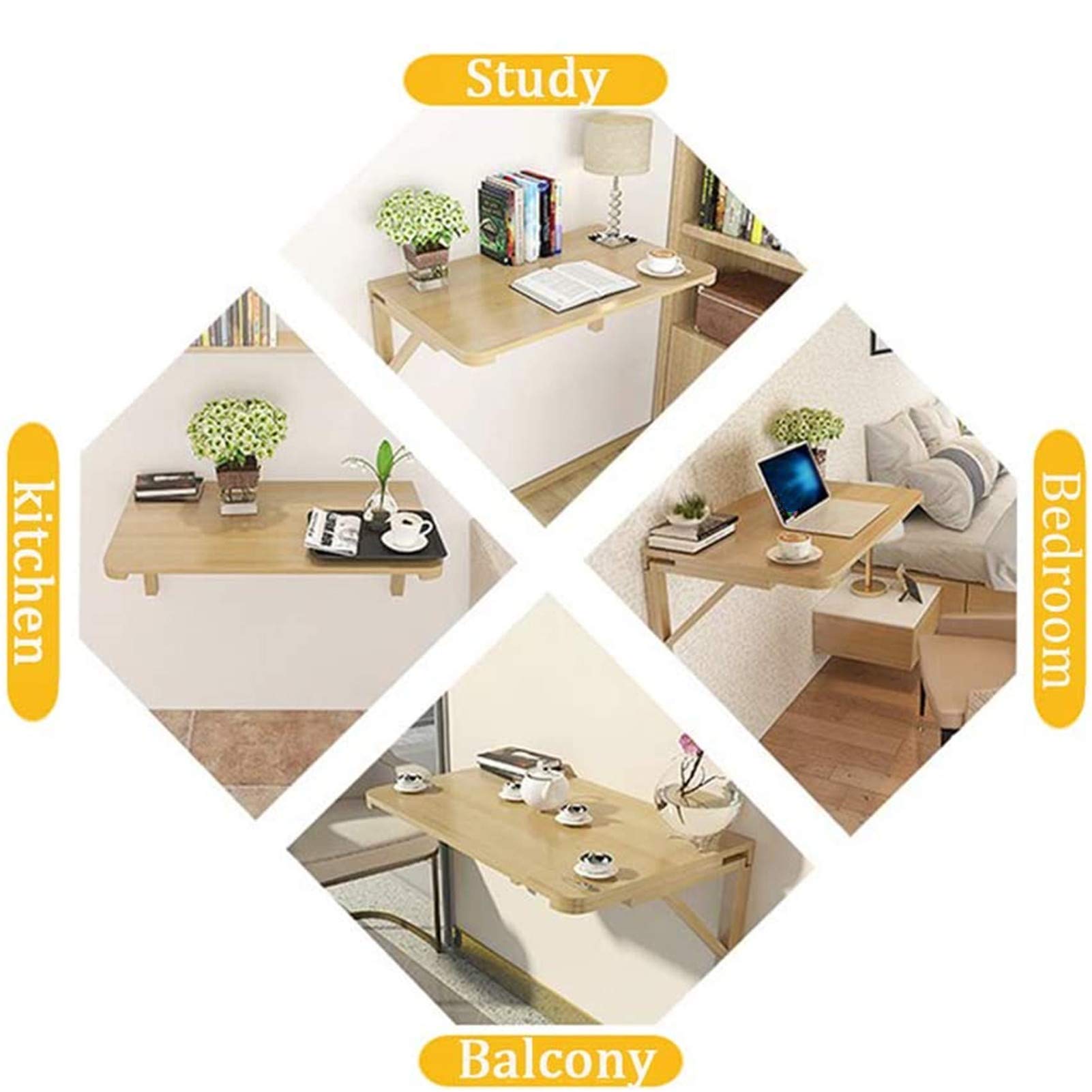Solid Wood Fold Down Drop-Leaf Table - Wall Mounted Folding Desk for Study, Bedroom, Bathroom or Balcony - Space Saving Computer Workbench & Hanging Bookshelf - 120x50cm/47x20in - Perfect for Small Apartments, Home Offices & Dorm Rooms