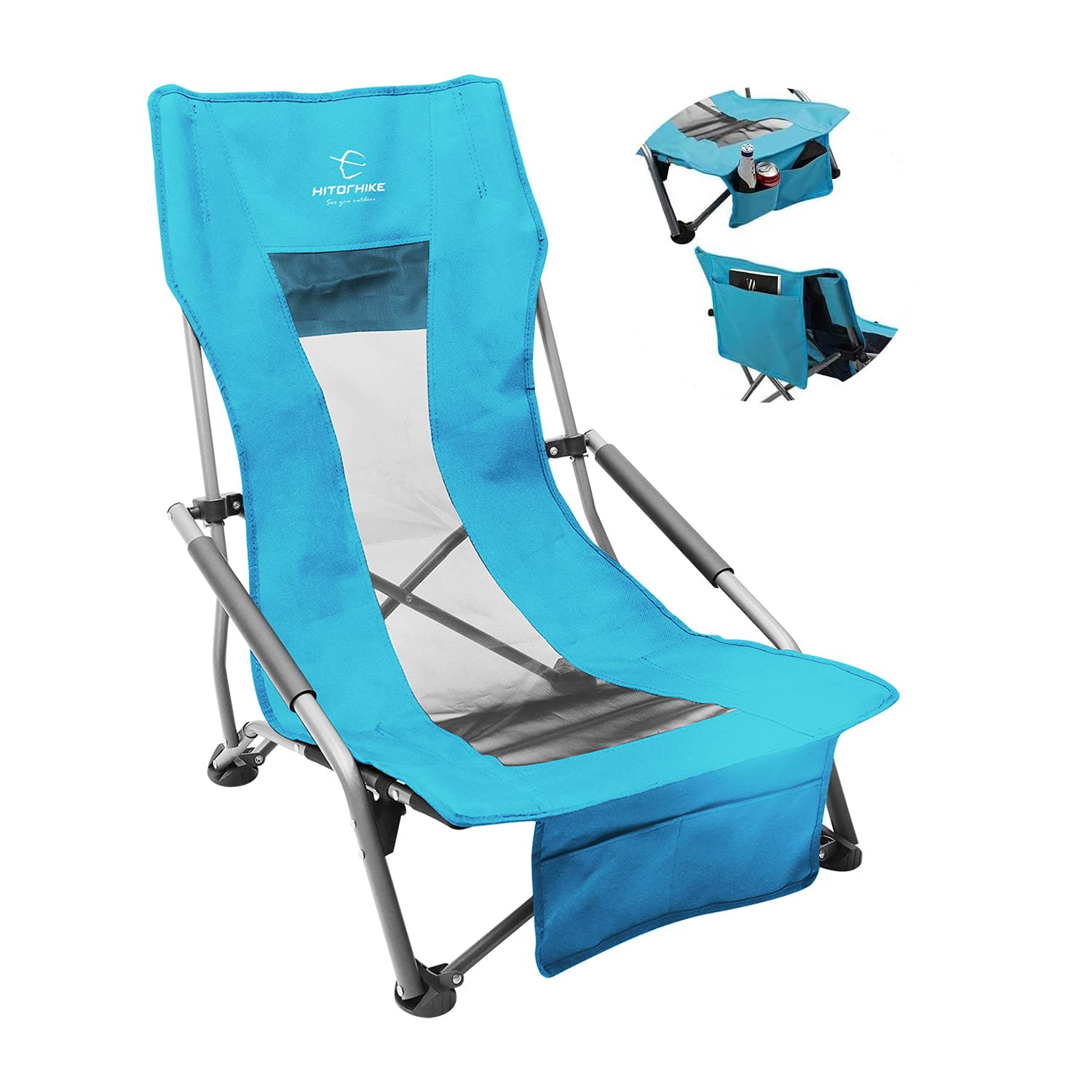 HITORHIKE Compact Folding Chair with Armrests - Breathable Nylon Mesh Back, Sturdy Low Sling Design for Beach, Camping, Concert & Outdoor Relaxation