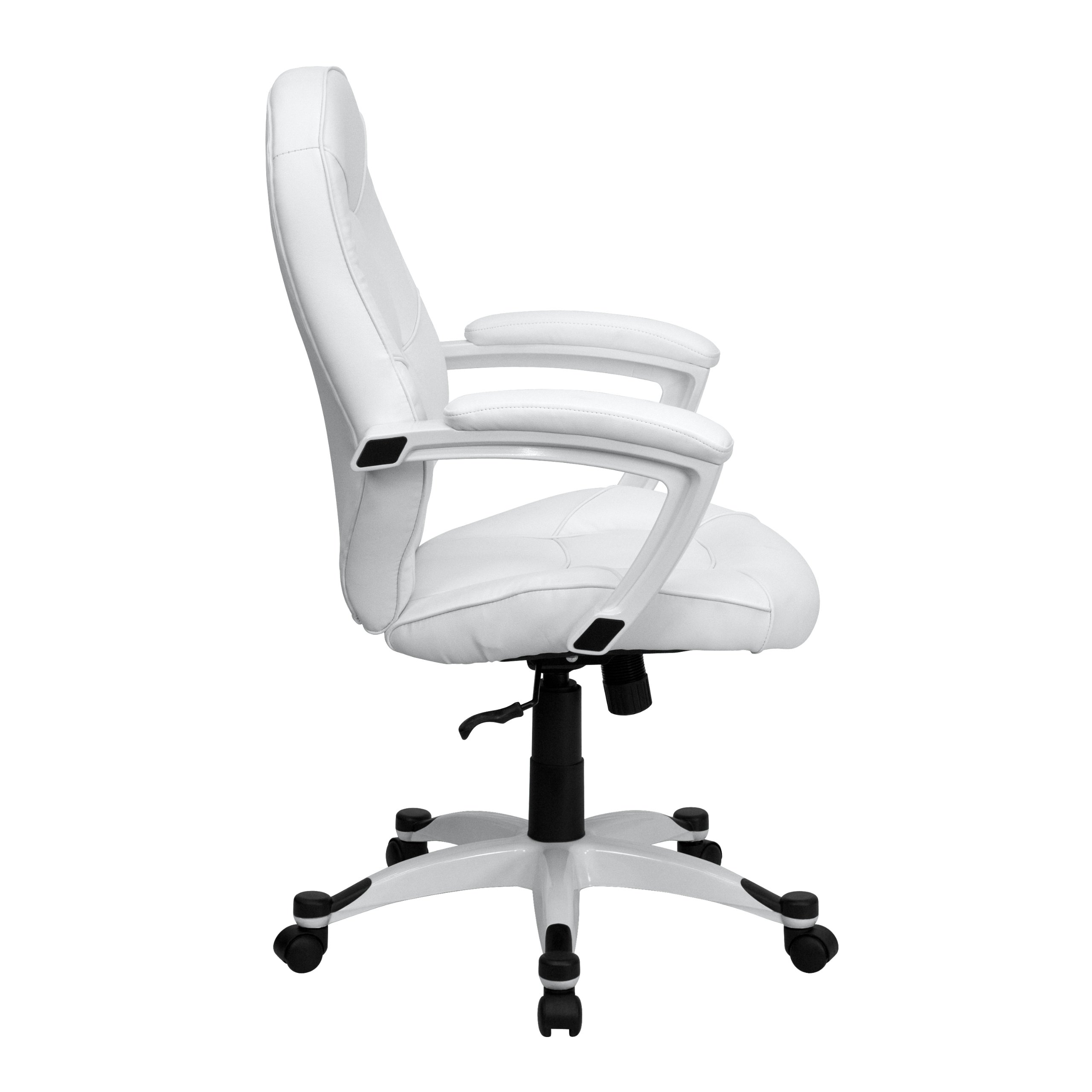 Flash Furniture Quincey Mid-Back White LeatherSoft Executive Office Chair - Ergonomic Swivel Chair with Tapered Back, White Base & Arms for Home Office, Conference Room & Workspace