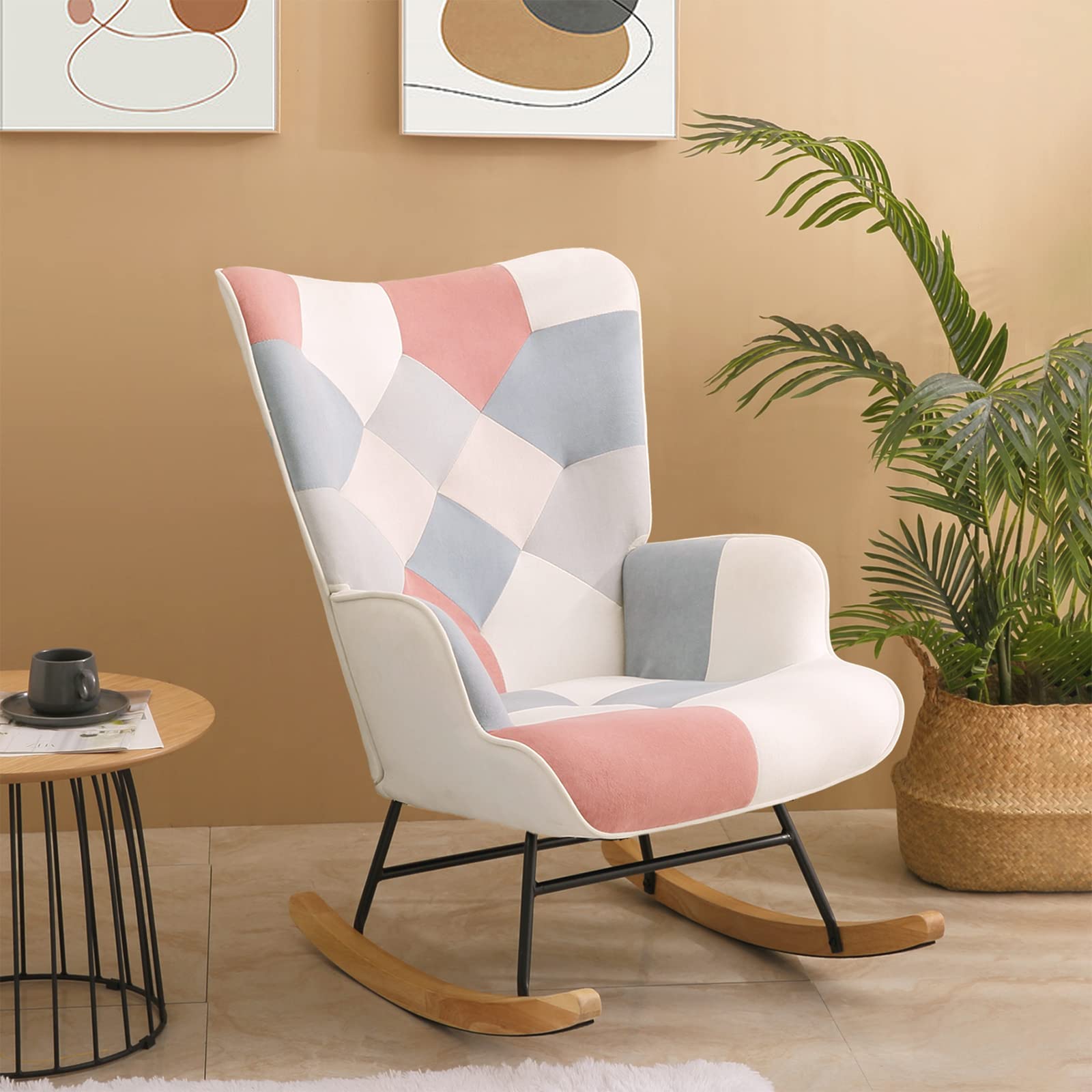 KINFFICT Pink Tufted Upholstered Rocking Chair - Nursery Glider Rocker with Side Pockets, Modern Comfortable Lounge Armchair for Living Room & Bedroom - Perfect for Nursing, Reading & Relaxing