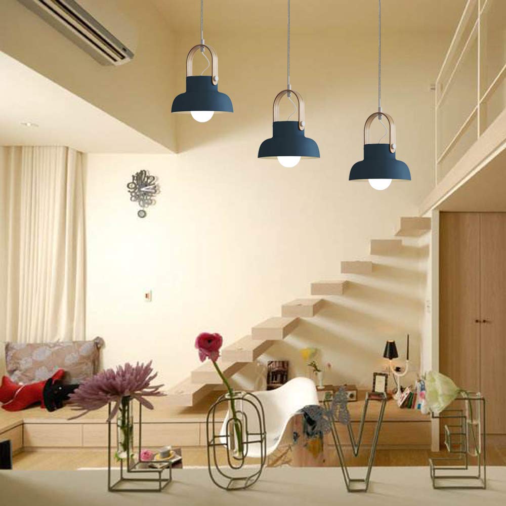 Dimmable Wooden Handle Pendant Light - Juno-Style Track Lighting with Modern Macaron Blue Iron Shade - Instant On Track Mount for Kitchen Island - Customizable 3-Light Set - Perfect for Dining Room, Bar Counter, and Modern Home Decor