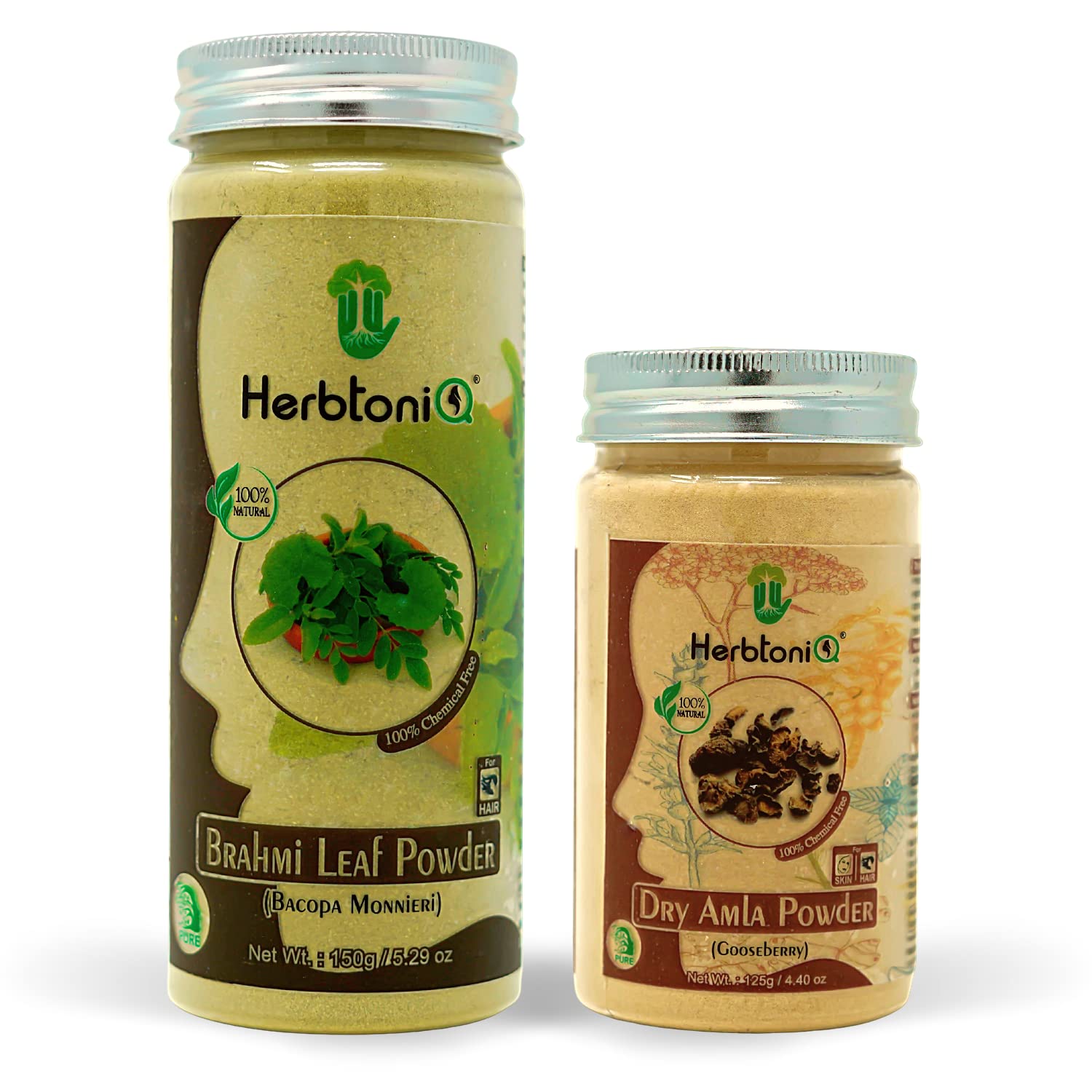 HerbtoniQ 100% Natural Brahmi Leaf Powder (Bacopa Monnieri) 150g & Organic Dry Amla Powder (Indian Gooseberry) 125g - Hair Growth Treatment for Stronger, Healthier Hair - Perfect for DIY Hair Masks & Ayurvedic Hair Care Routines
