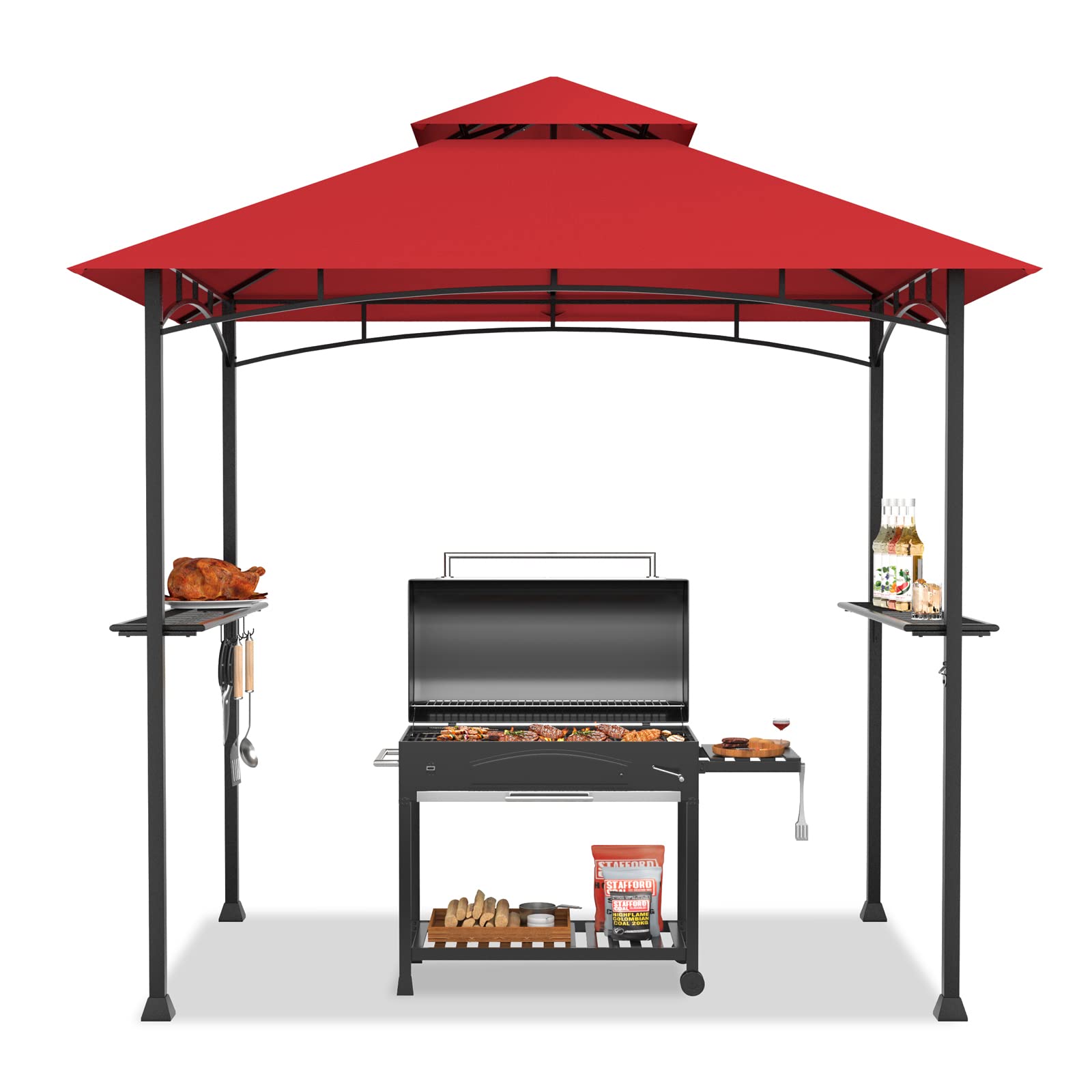 Tangkula 8x5 Ft Double Tiered Outdoor BBQ Grill Gazebo with 2 Side Shelves, 5 Hooks & Bottle Opener - Weatherproof Patio, Garden, Beach & Backyard Shelter for Grilling & Entertaining (Wine Red)