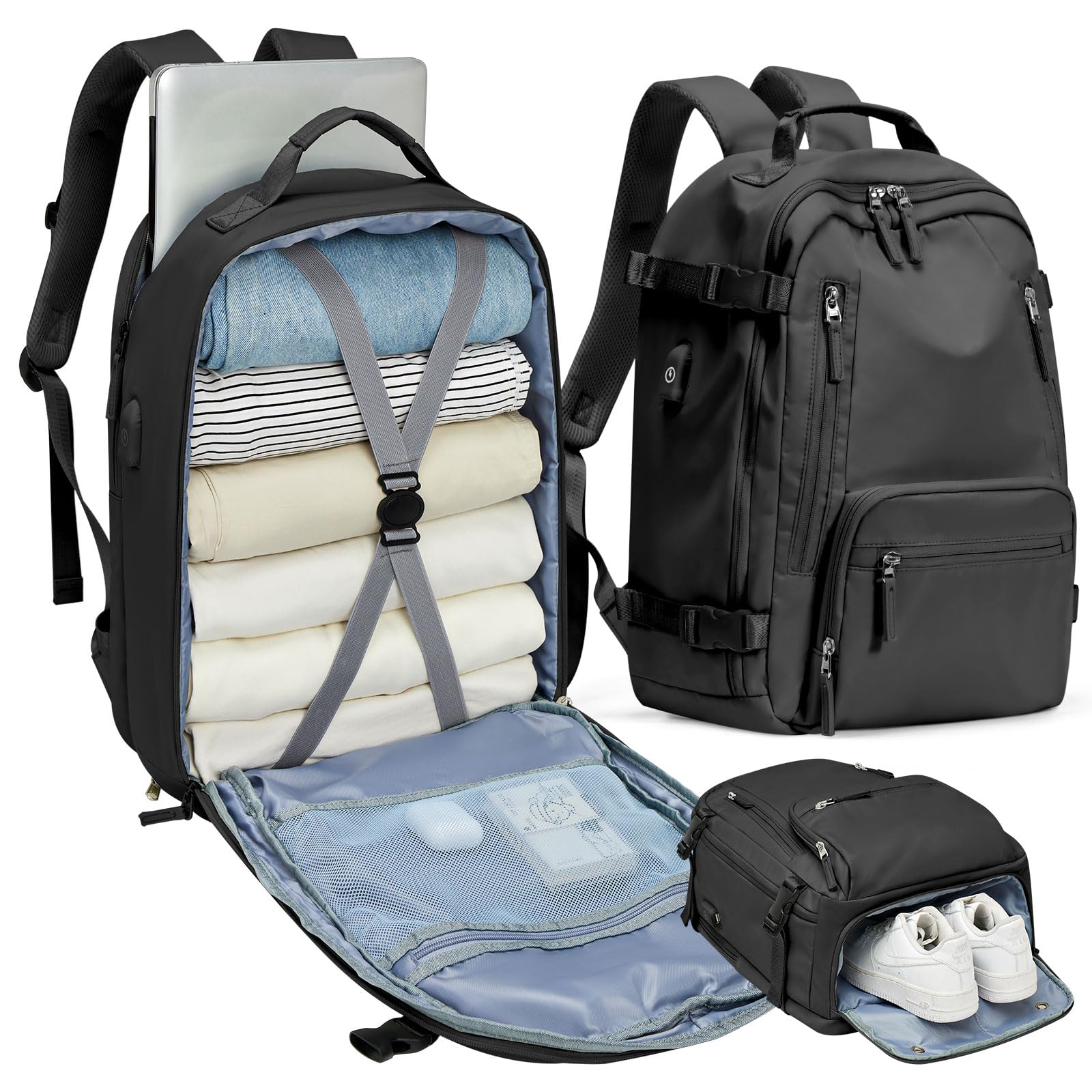 BJLFS Travel Backpack for Women & Men - TSA Approved 15.6 Inch Carry On Backpack with USB Charging Port & Shoe Compartment - Water Resistant Laptop Backpack for College, Nursing, Business Travel, Hiking & Weekend Getaways (Black) - Perfect for Airplane, Commuting & Outdoor Adventures