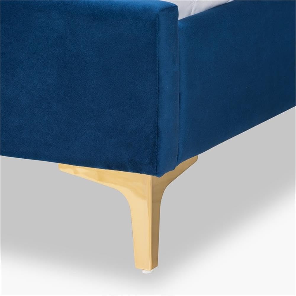 Baxton Studio Serrano Contemporary Queen Size Platform Bed - Navy Blue Velvet Upholstery with Gold Metal Frame | Luxurious Bedroom Furniture for Modern Home Decor