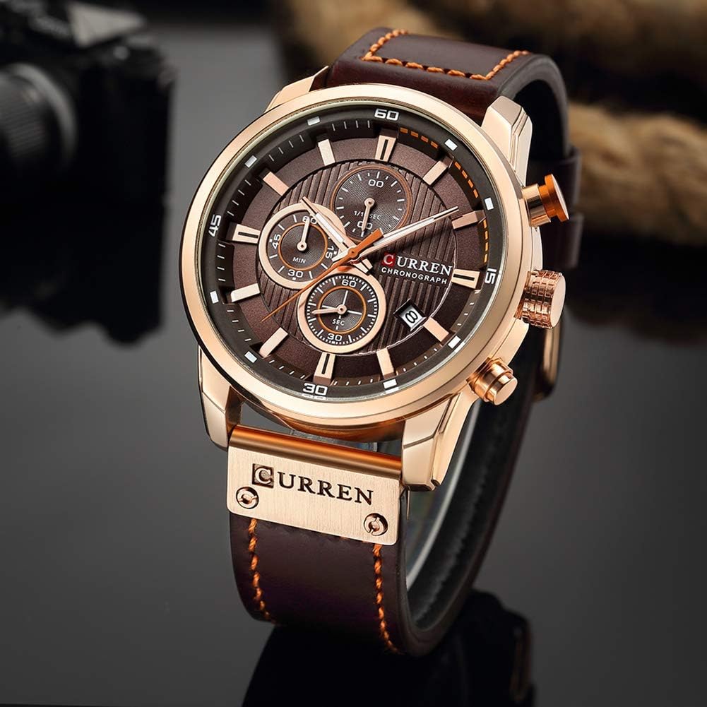 Men's Chronograph Sport Watch - Brown Leather Strap Quartz Analog Watch for Business Casual & Everyday Wear - Waterproof Wristwatch for Office, Dating & Outdoor Activities