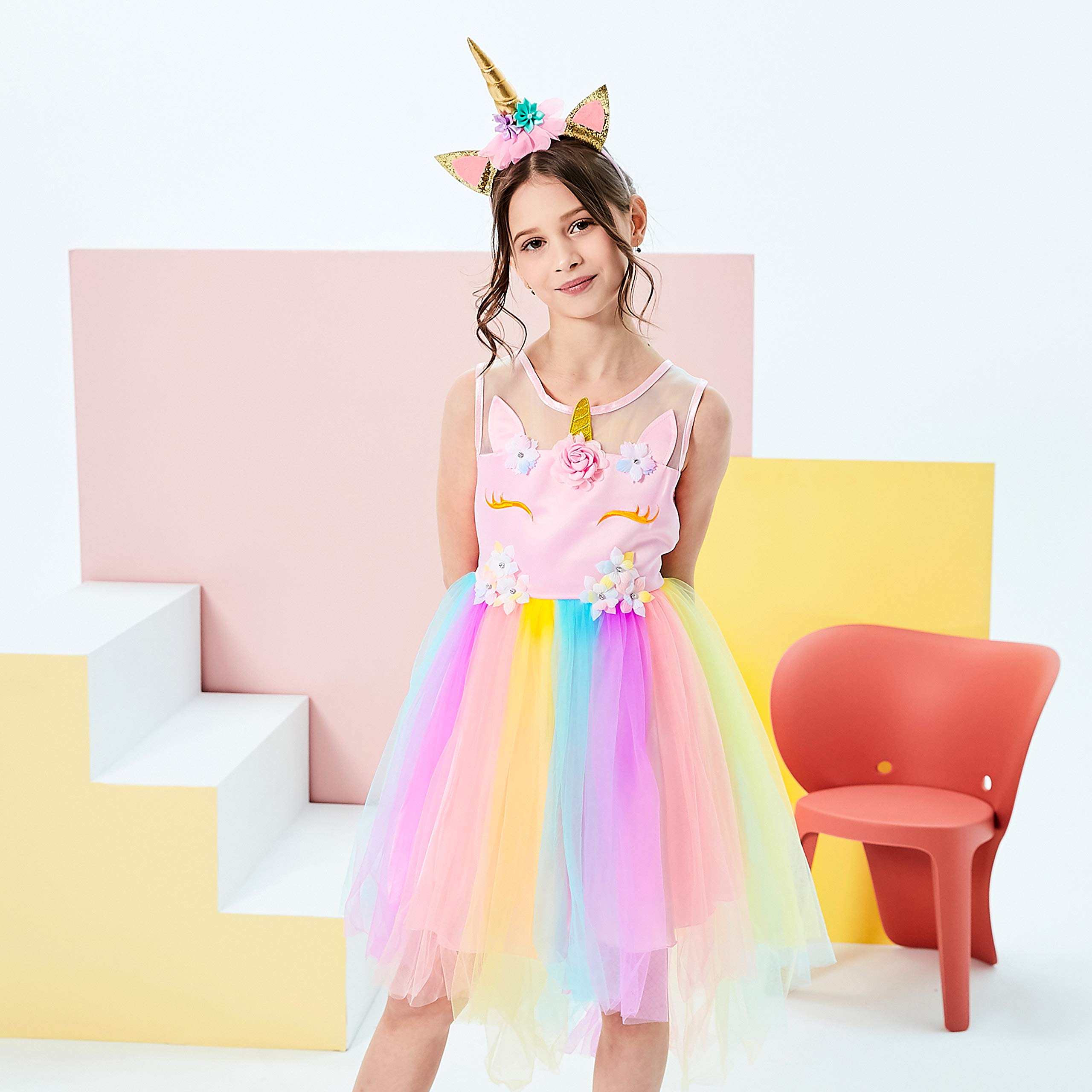 Sunny Fashion Girls Unicorn Rainbow Tulle Dress with Matching Headband - Size 4-10 for Birthday Parties & Special Occasions