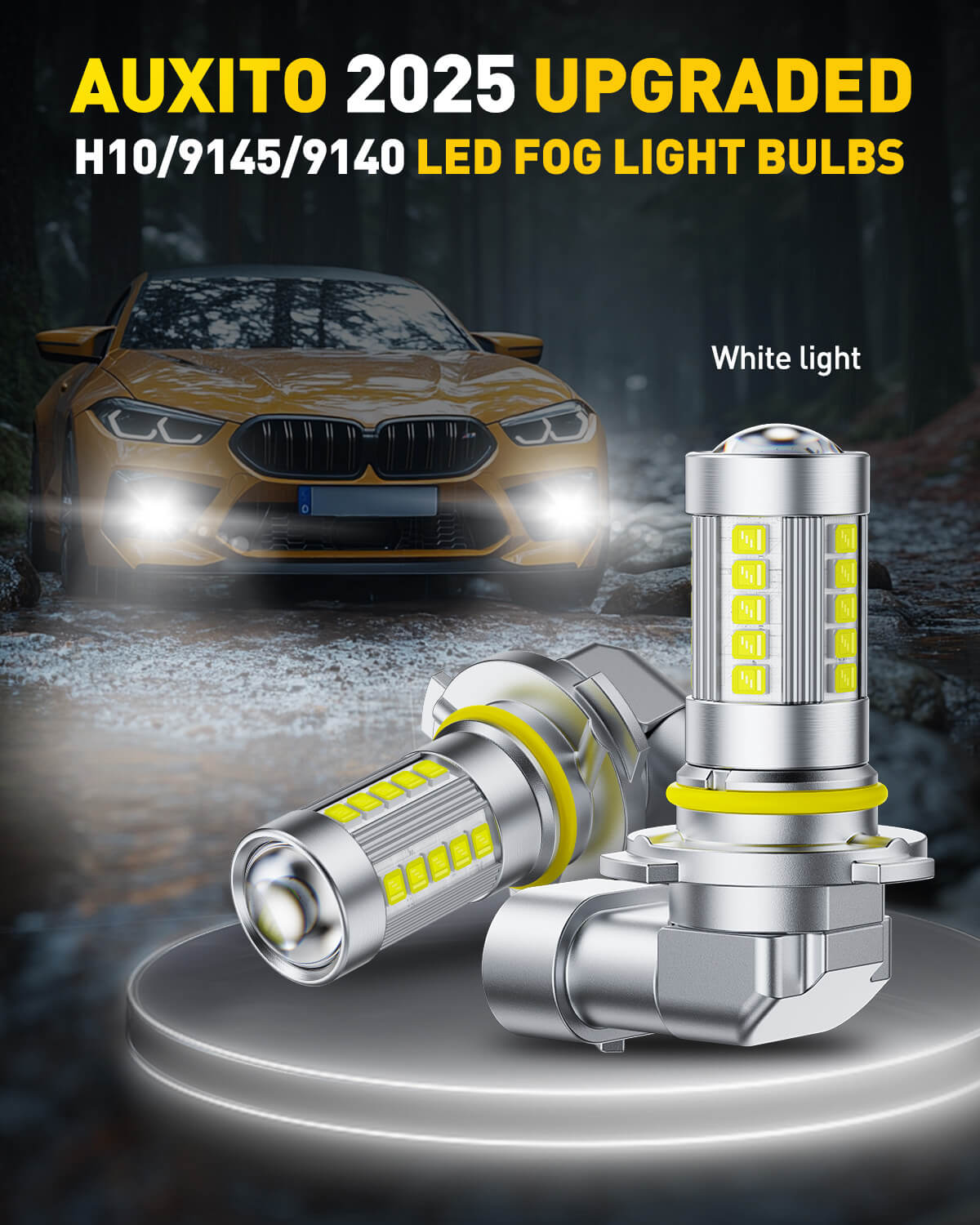 2025 Upgraded 9145/9140/H10 LED Fog Light Bulbs - 27 CSP LEDs, 6500K Cool White, Mini Size Direct Fit Replacement - Perfect for Night Driving & Bad Weather Visibility
