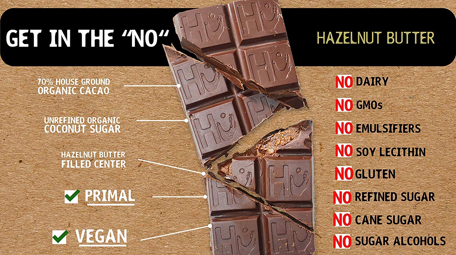 Hu Vegan Chocolate Bars - 12 Pack Hazelnut Praline Dark Chocolate | Gluten Free, Paleo, Non GMO, Kosher Certified | 2.1oz Each Bar | Perfect for Gifts, Snacking & Vegan Desserts