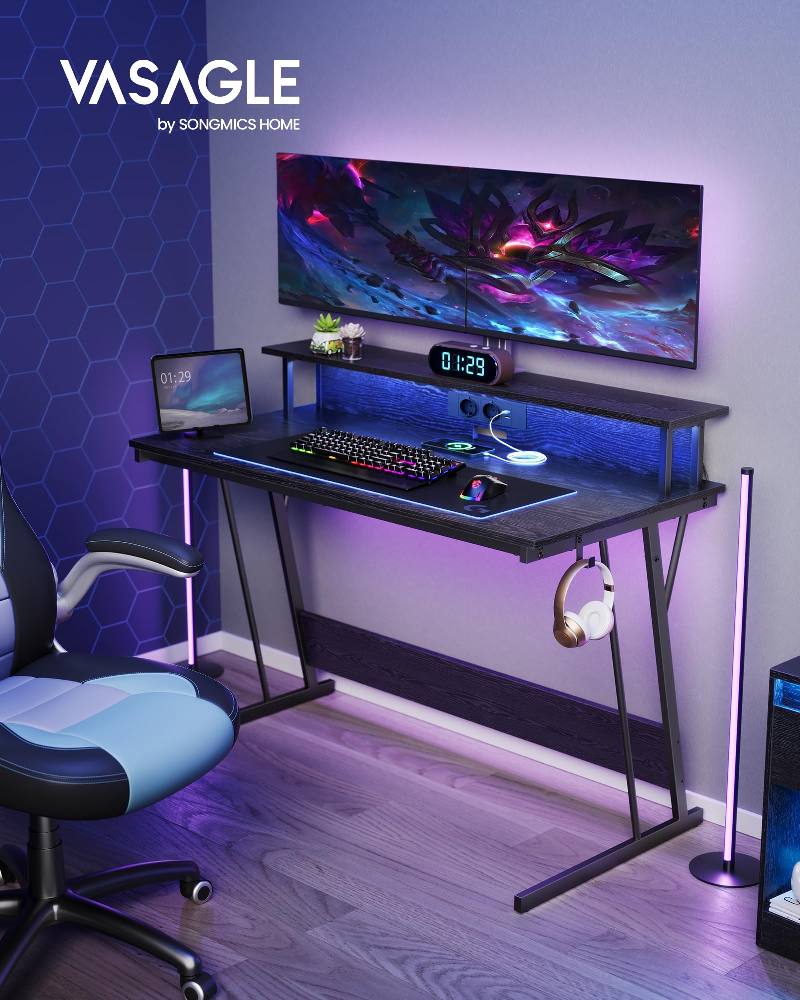 VASAGLE Gaming Desk with LED Lights and Power Outlets, Computer Desk with Monitor Stand, Dual Monitor Workstation for Office and Bedroom, 60 x 120 x 76 cm, Ebony Black LWD192B56 - Perfect for Gaming Setup and Home Office Workspace