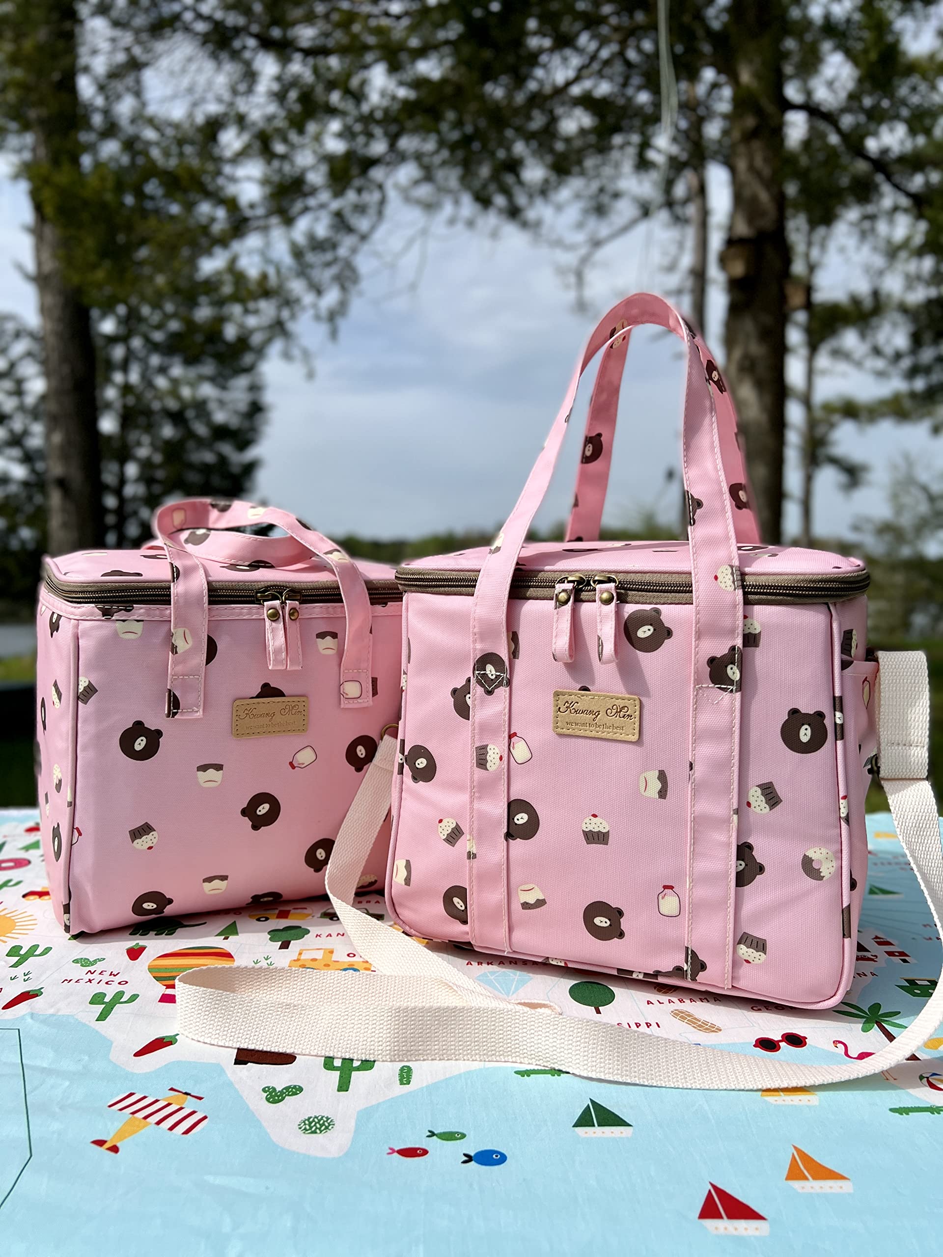 Insulated Lunch Bag for Women - Reusable Lunch Box Cooler for Office, Picnic, Beach & Camping | Large Waterproof Fabric Lunch Tote | Lightweight & Durable | Perfect Gift for Outdoor Activities (Pink Candy Bear) | Use for Work, School, Travel & Hiking