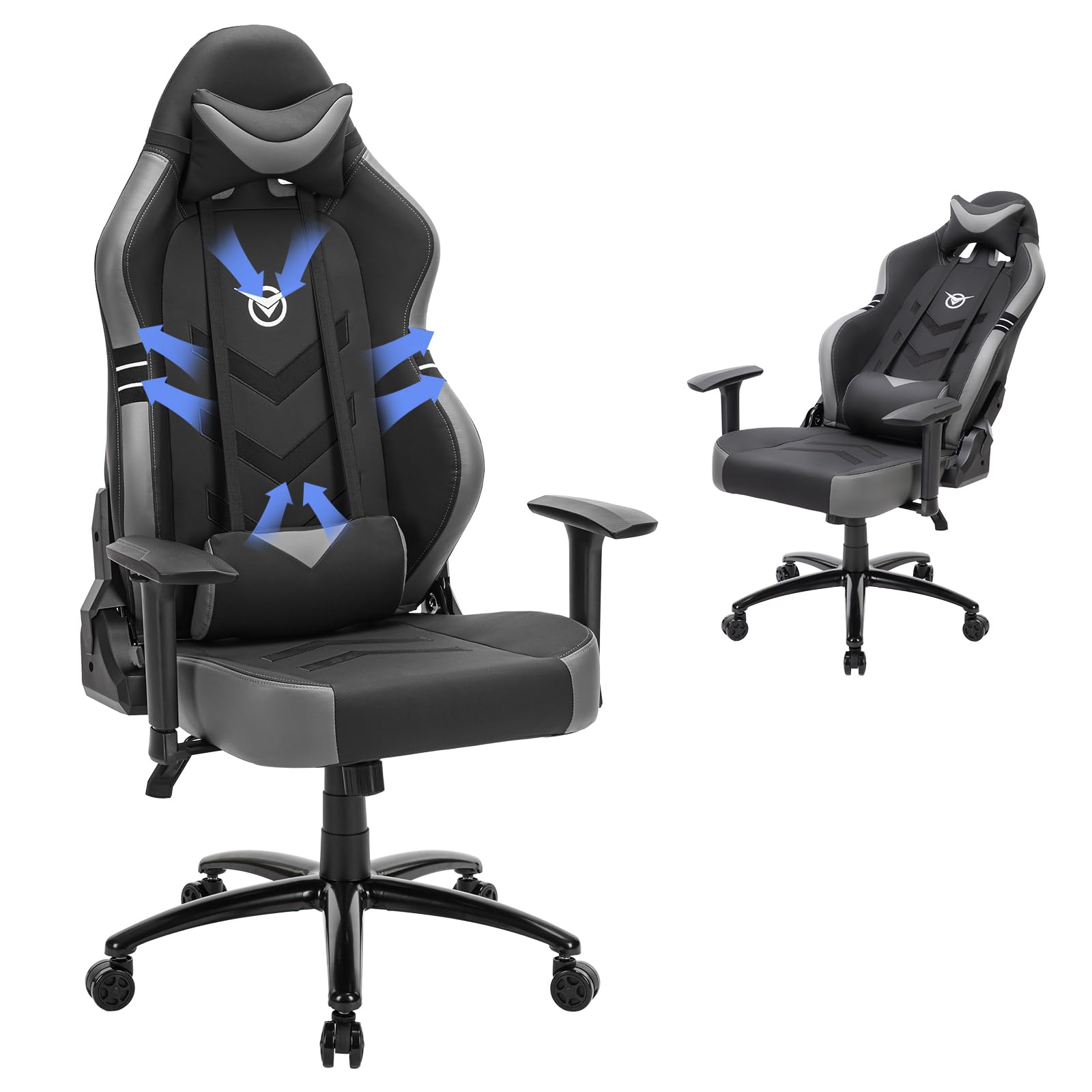 Big and Tall Gaming Chair 350lbs - Heavy Duty Ergonomic Racing Office Chair with Wide Seat, Reclining Backrest & Adjustable Armrests for Adults & Teens - Grey - Perfect for Long Gaming Sessions, Work from Home & Office Use
