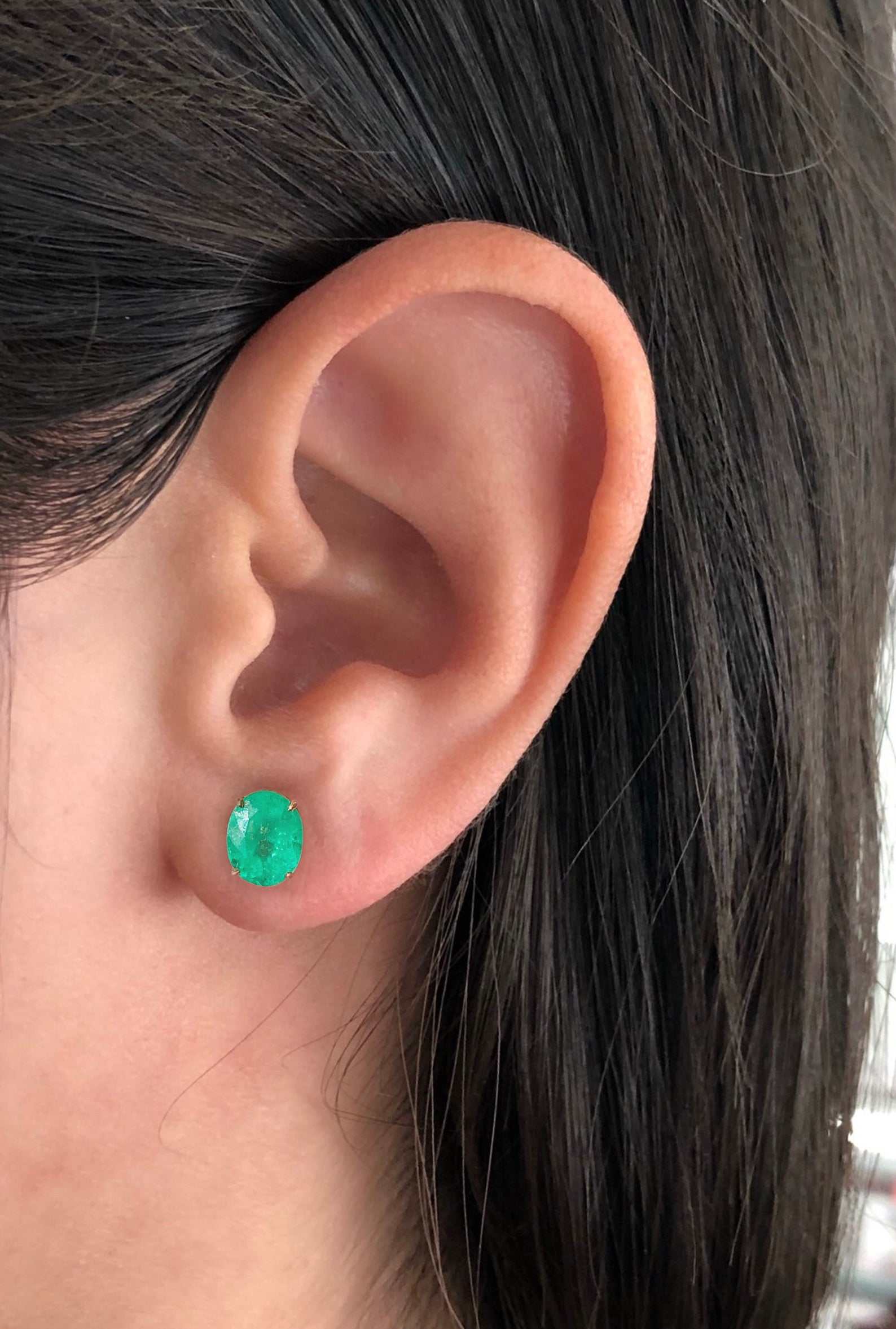 3.20tcw Medium Dark Deep Green Natural Emerald Oval Stud Earrings in 14K Gold - Elegant Statement Jewelry for Women, Perfect for Weddings, Parties & Special Occasions