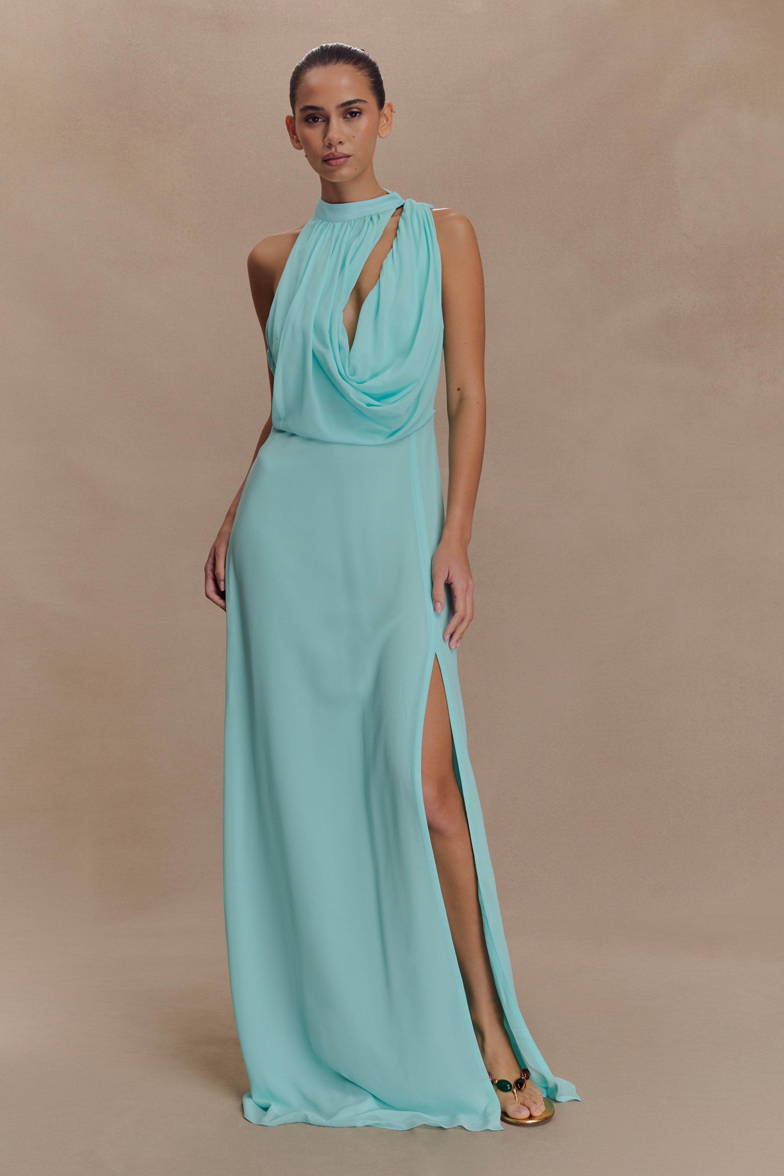 Galia Cowl Neck Maxi Dress in Lagoon - Elegant Long Flowy Dress for Women, Perfect for Weddings, Parties & Special Occasions