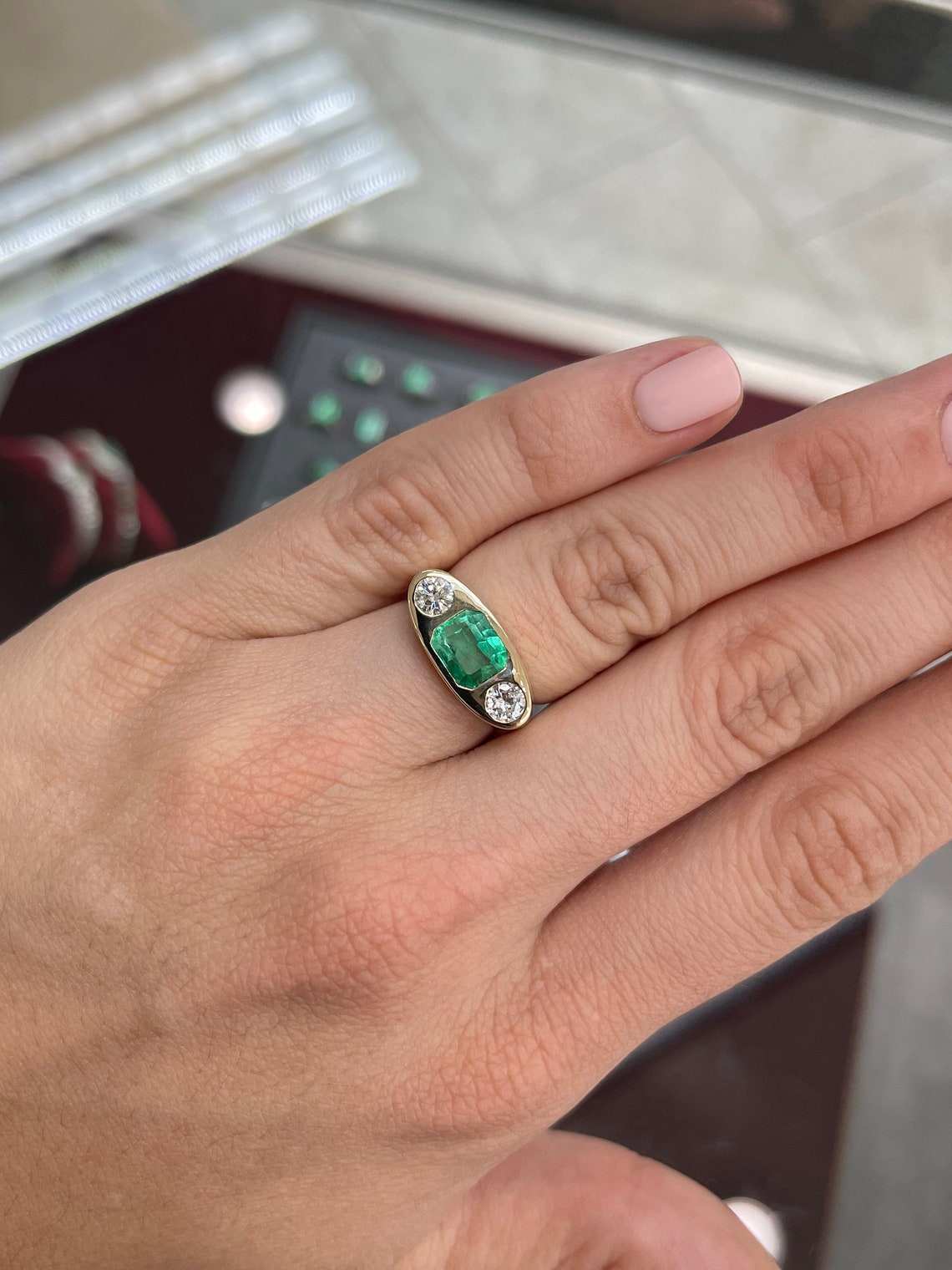 2.70ctw Emerald Cut Diamond & Brilliant Round Three Stone Gypsy Signet Ring in 14K Gold - Elegant Wedding Band, Anniversary Gift, Vintage Jewelry for Women