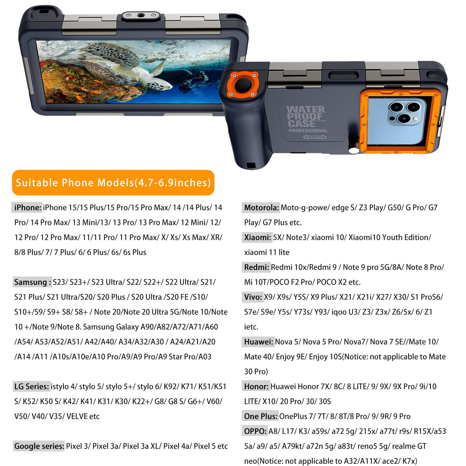 Latest Upgrade Underwater Snorkeling & Diving Phone Case for iPhone 15/14/13/12/11 Pro Max & Galaxy S24/S23/S22/S21 Plus Ultra - 50ft/15m Waterproof Scuba Dive Case (Orange) - Perfect for Beach Vacations, Pool Parties & Underwater Photography