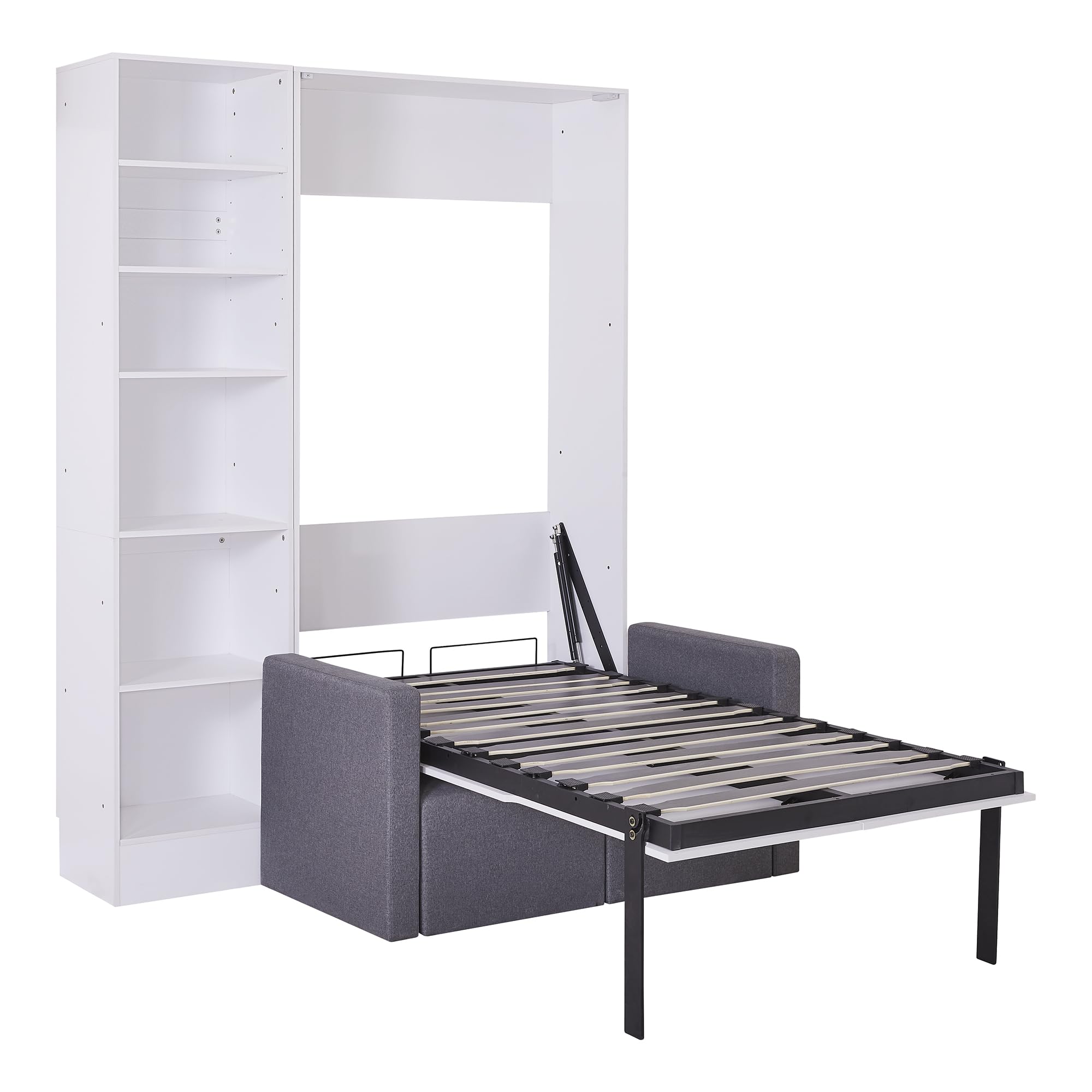 LZ LEISURE ZONE Twin Size Murphy Bed with Built-in Shelves & Sofa - Space Saving Wall Bed for Small Rooms, Home Office or Studio Apartment - White & Gray Modern Design - Perfect for Guest Rooms, Dormitories & Tiny Homes
