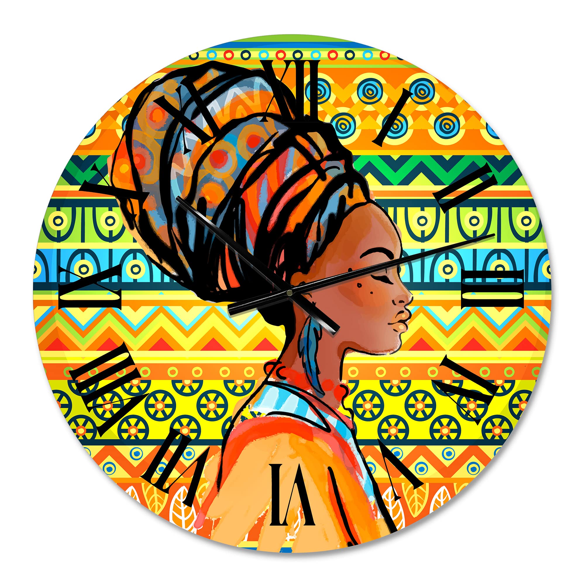 DesignQ Modern Wall Clock - African American Woman with Turban III - Large Decorative Wall Clock for Bedroom, Living Room & Office - Unique Home Decor Gift Idea