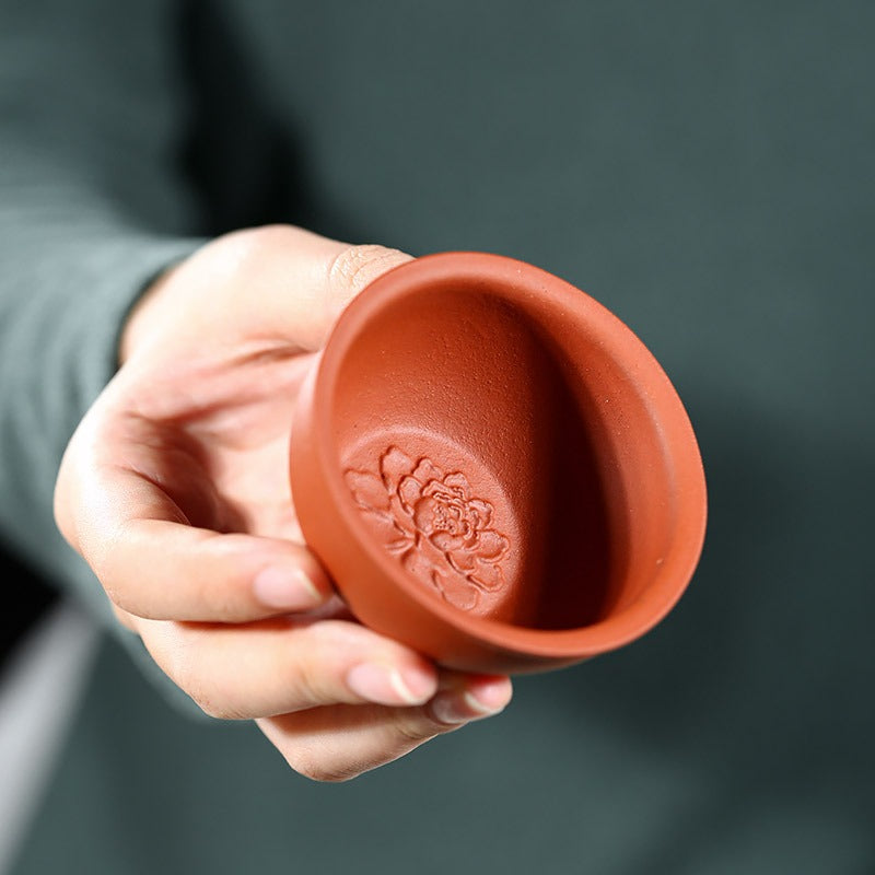 Premium Yixing Clay Gongfu Tea Cup Set of 2 - Handcrafted Purple Clay Peony Design Chinese Tea Ceremony Cups - Perfect for Oolong, Pu-erh & Green Tea Brewing at Home or Office
