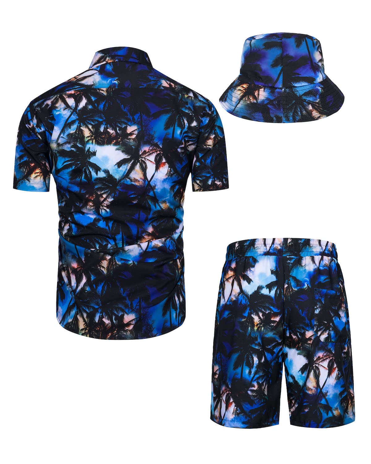 TUNEVUSE Men's Hawaiian Shirt & Shorts Set - 2 Piece Tropical Beach Outfit with Floral Print & Bucket Hat | Summer Vacation, Luau Party, Poolside Relaxation